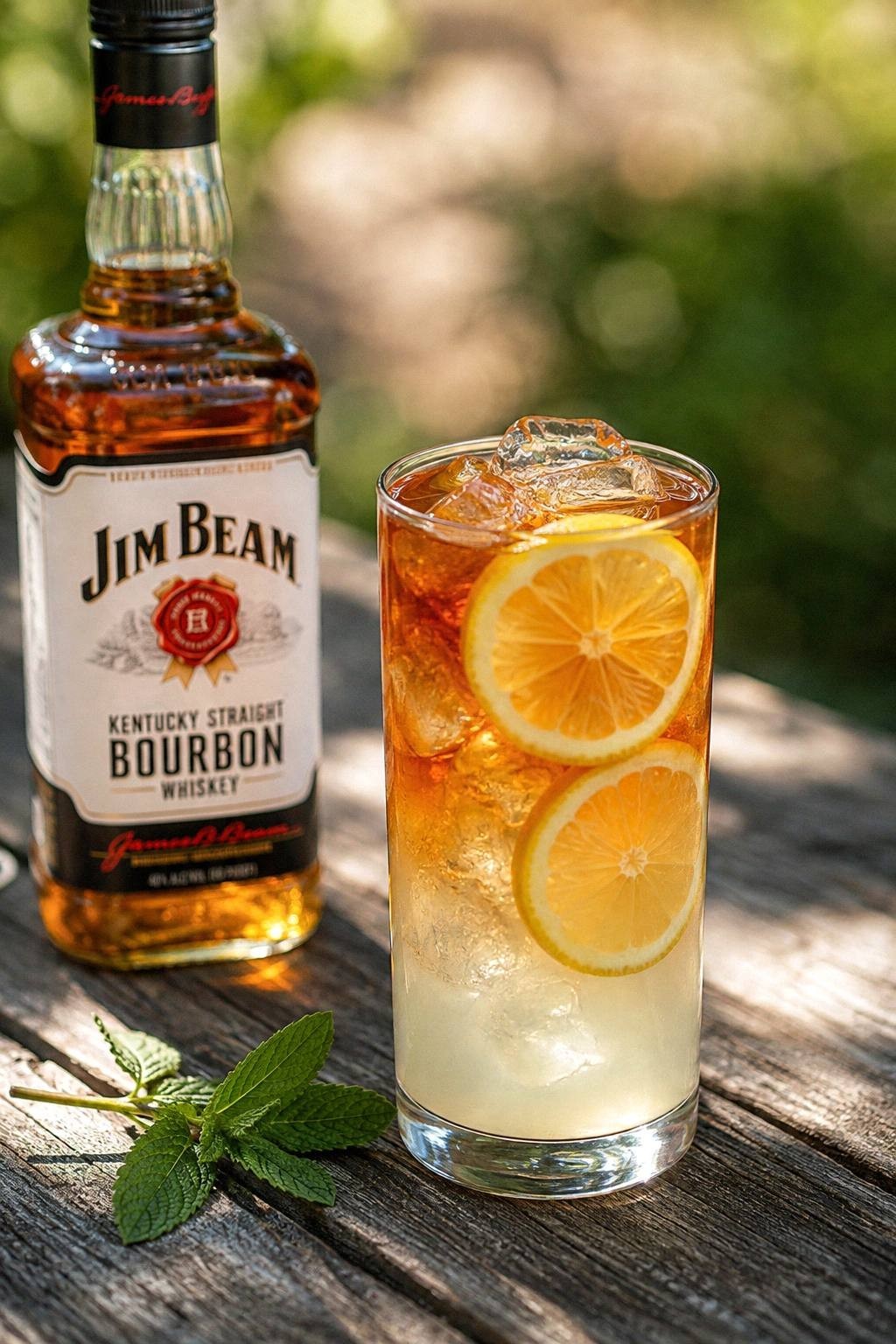 Bourbon lemonade iced tea highball in a tall glass with ice, lemon wheels, fresh mint, black tea, and bourbon on an outdoor table