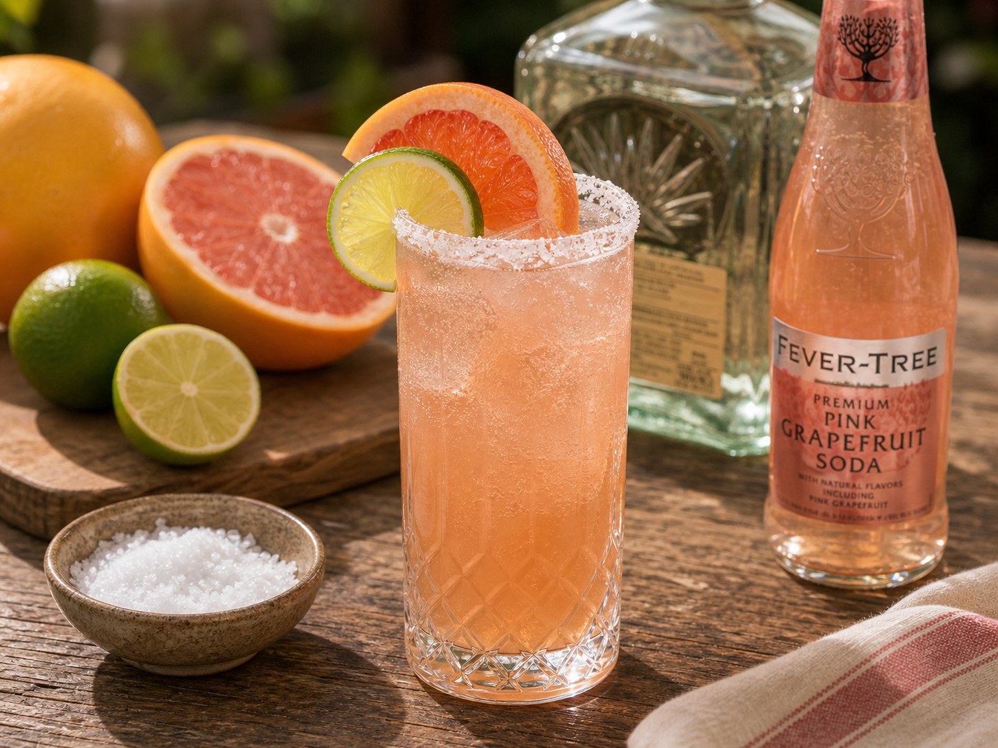 Salted grapefruit paloma in a highball glass with pink grapefruit soda, tequila, lime, salt rim, and rosemary beside grilled citrus