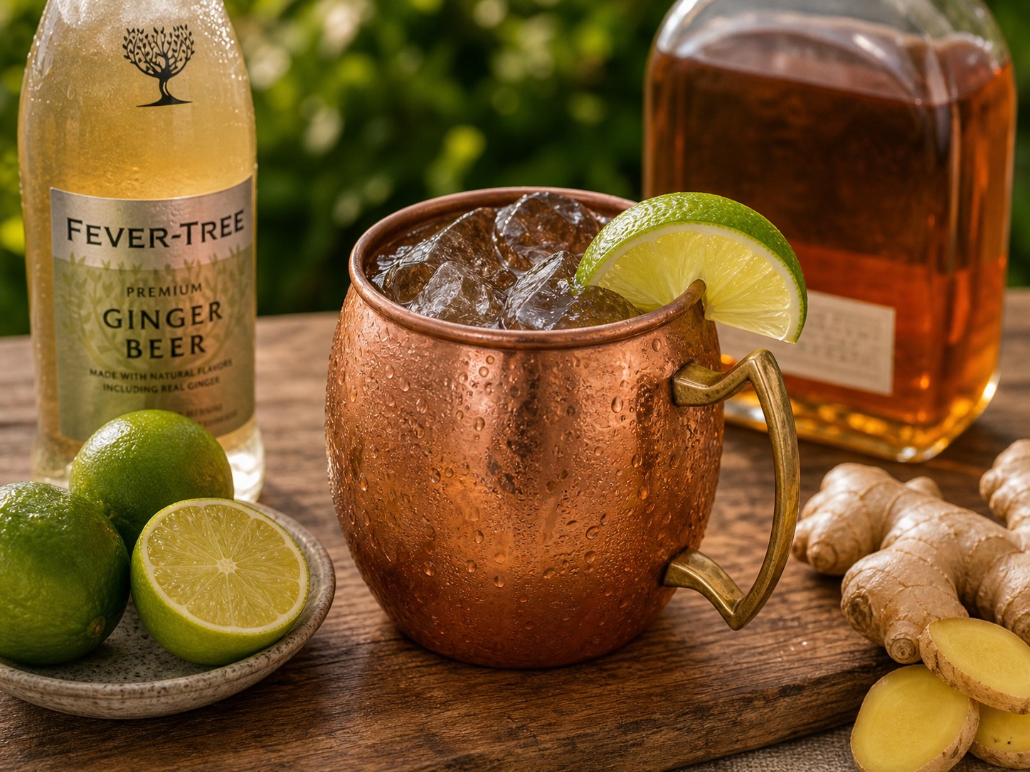 Kentucky mule with bourbon, ginger beer, lime, mint, and ice in a copper mug on a backyard table