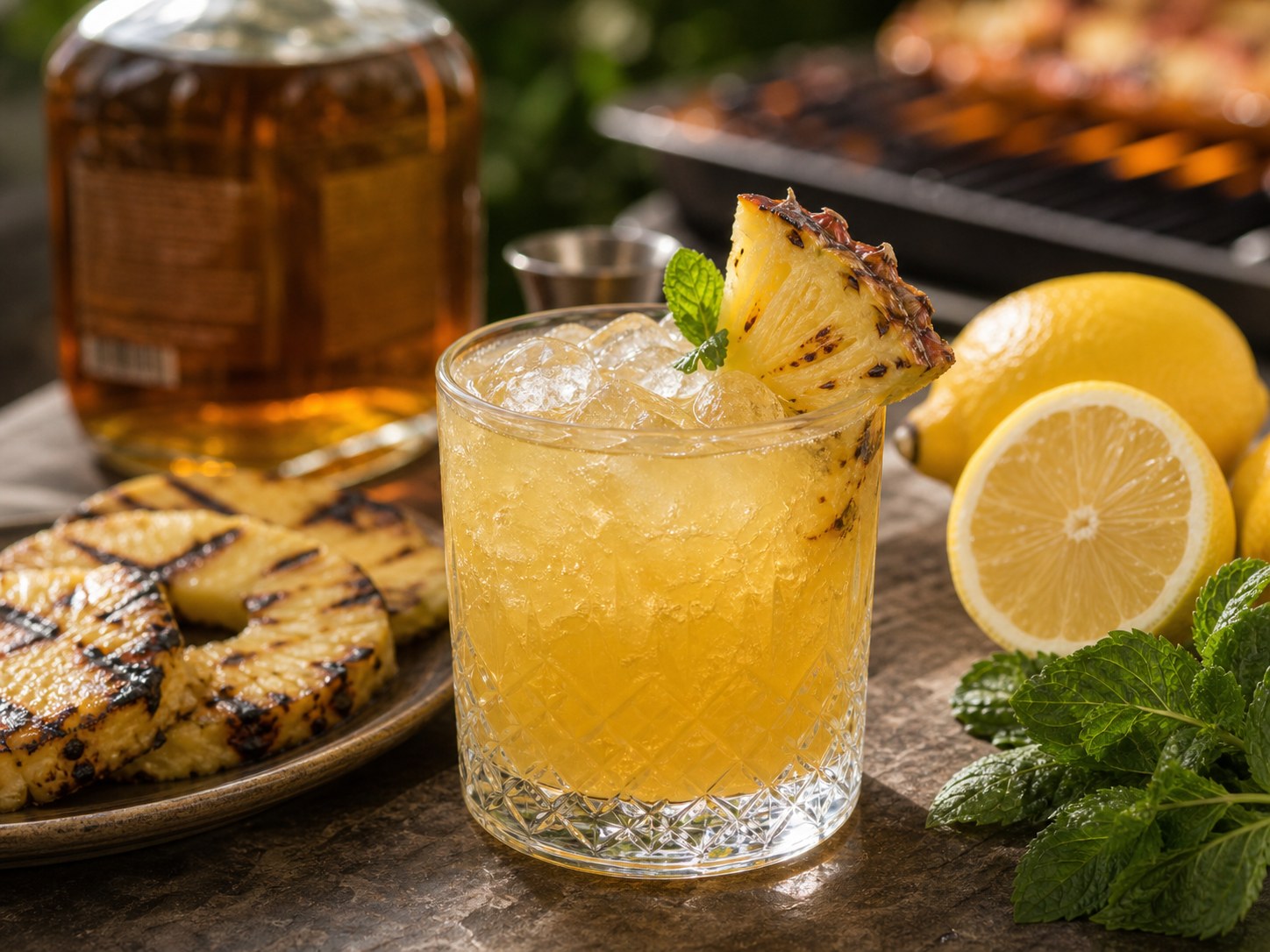 Charred pineapple whiskey smash in a rocks glass with crushed ice, mint, lemon, bourbon, and grilled pineapple pieces nearby