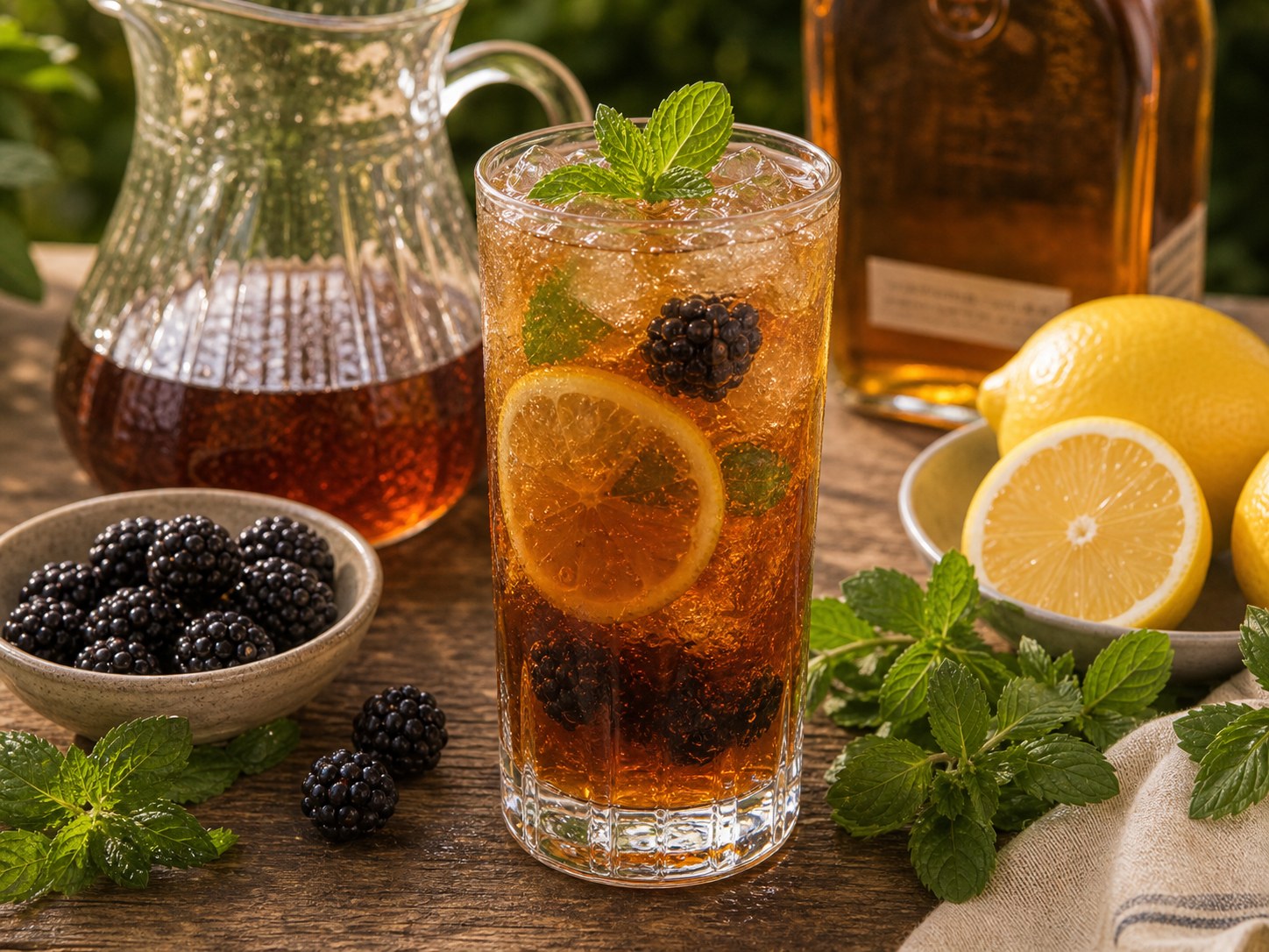 Blackberry mint bourbon iced tea in a tall glass with blackberries, lemon, mint, black tea, and bourbon on an outdoor summer table