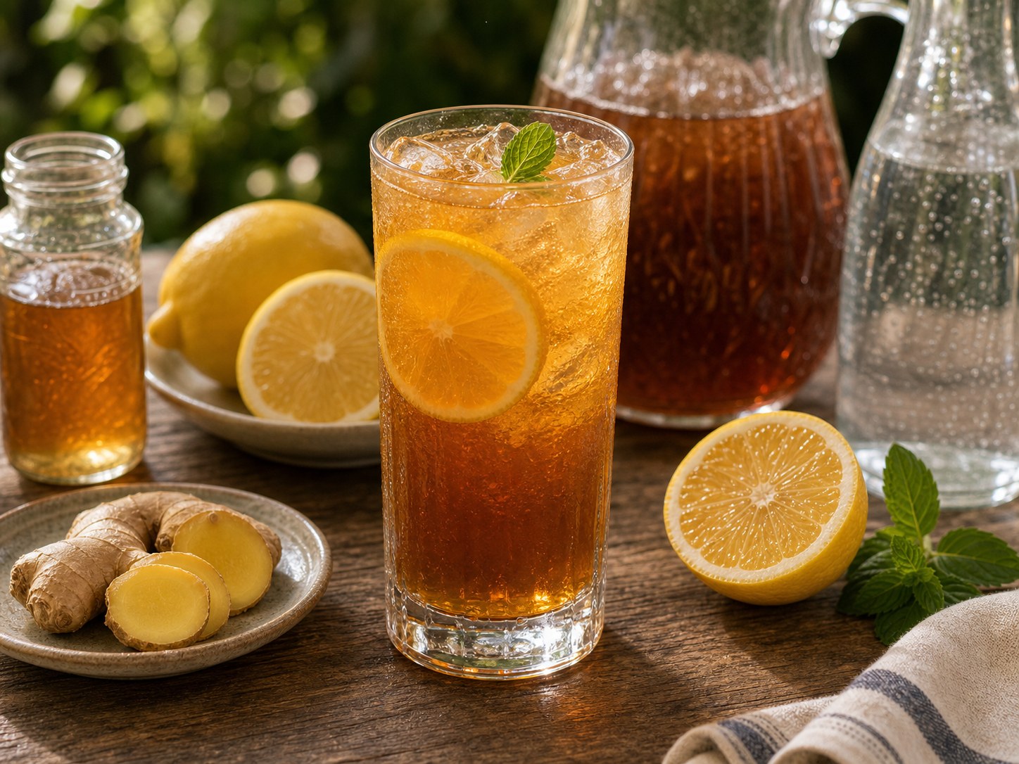 Zero-proof smoked lemon ginger iced tea highball with black tea, ginger beer, lemon, maple syrup, ice, and grilled lemon garnish