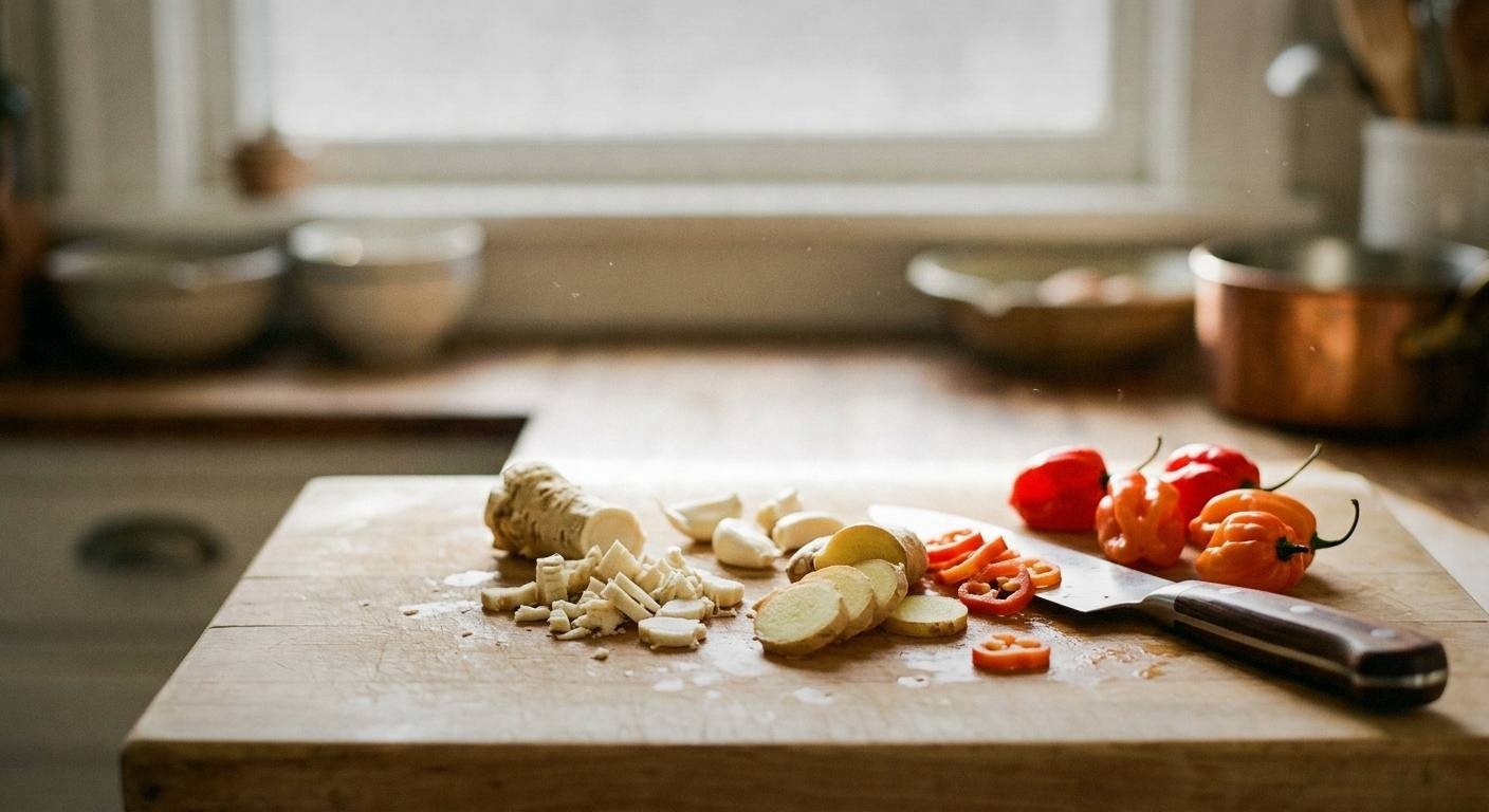 Fresh horseradish root, ginger, garlic cloves, turmeric and citrus arranged on wooden cutting board for fire cider wellness tonic recipe