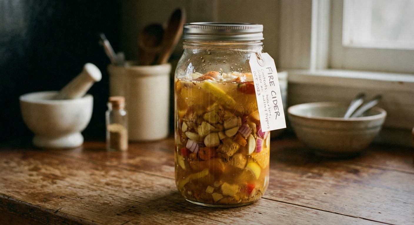 Glass jar filled with chopped horseradish, ginger, garlic and herbs covered in apple cider vinegar for homemade fire cider immune tonic