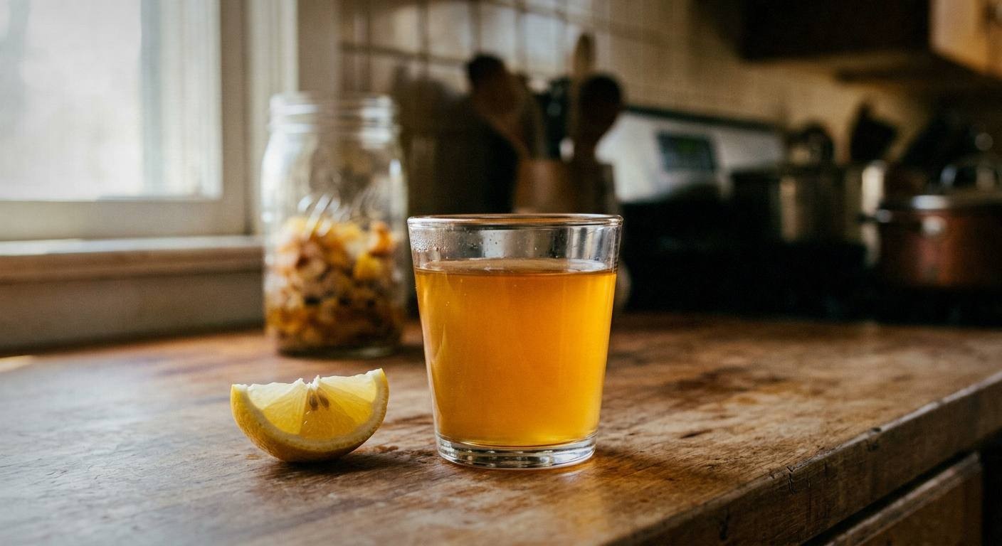 Finished fire cider wellness tonic in glass bottle with amber liquid, immune boosting herbal remedy with apple cider vinegar
