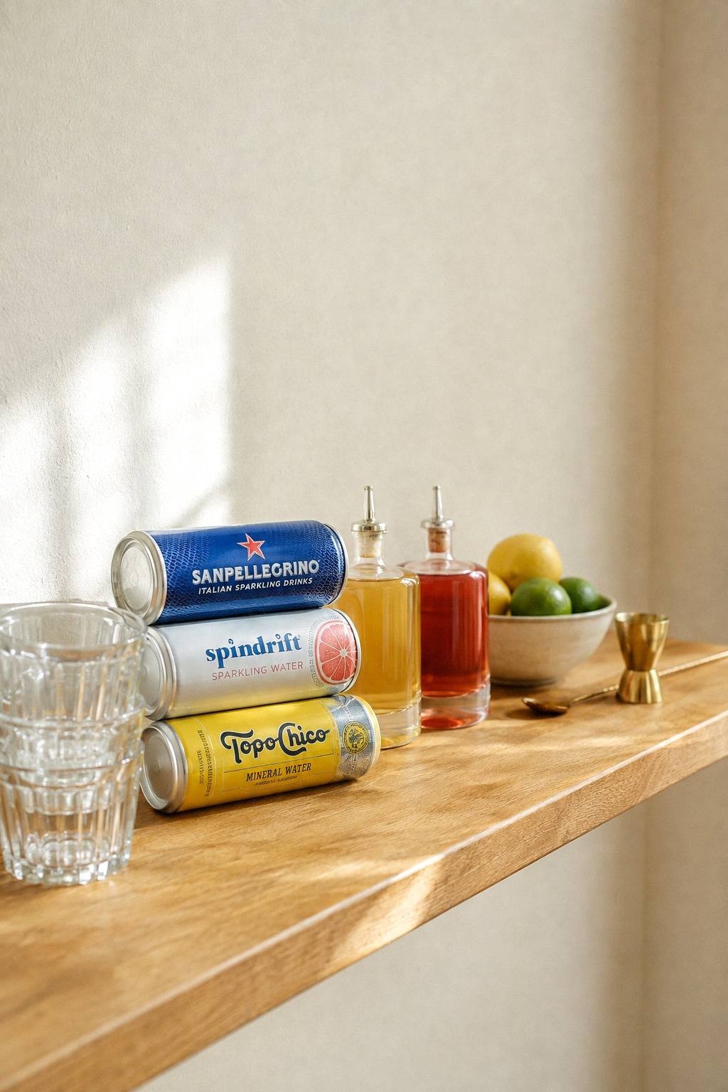 A single wooden shelf in a small apartment holding stacked clear glasses, three cans of sparkling water on their sides, two bottles of homemade syrup, a bowl of lemons and limes, and a brass jigger