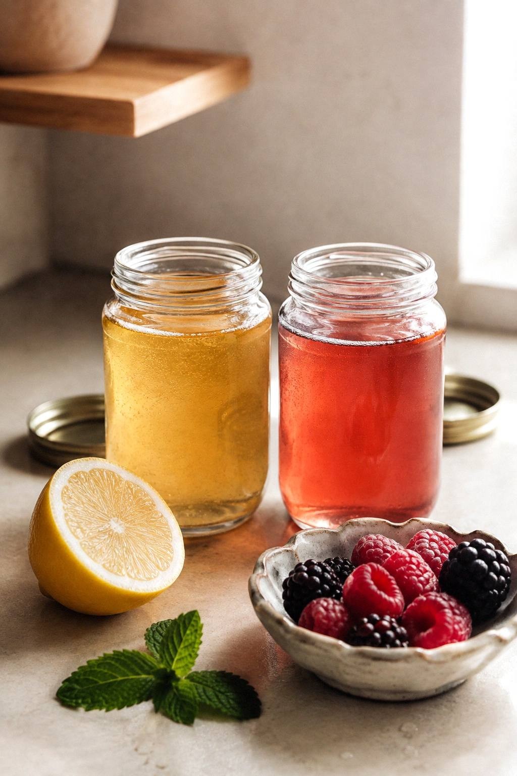 Two small glass jars of homemade syrup, one pale gold and one deep pink, beside a halved lemon and a small bowl of fresh berries on a pale kitchen counter