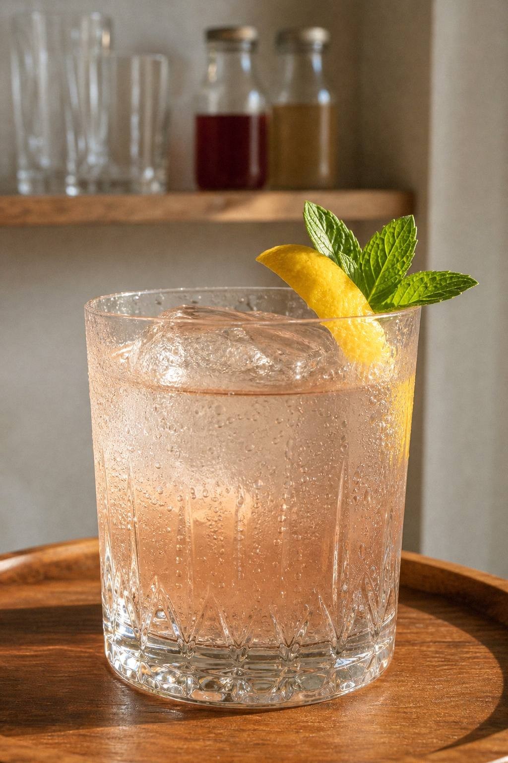 A finished mocktail in a short heavy glass with a lemon twist and fresh mint, on a small tray in front of an apartment shelf holding glasses and syrup jars