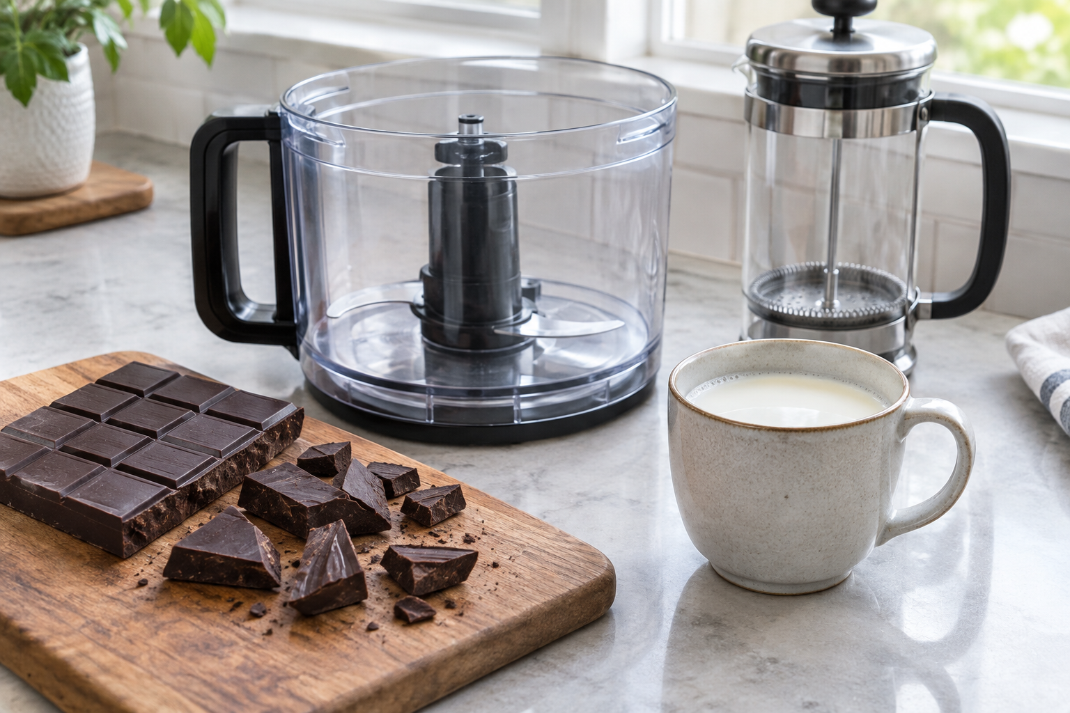 Dark chocolate pieces beside a food processor for advance preparation