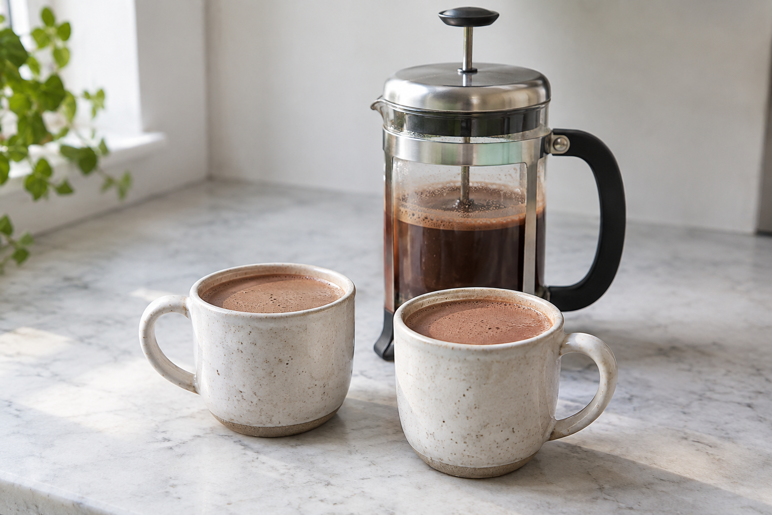 Two small mugs of hot chocolate beside a French press