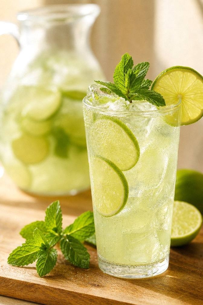 Finished pale green fresh mint limeade in a tall glass over ice with lime wheels and a mint sprig in bright daylight on a light surface