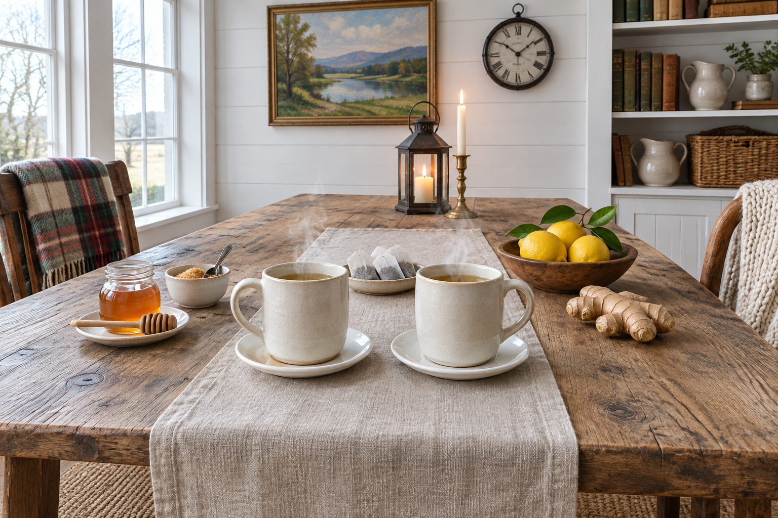 two mugs of ginger lemon honey tea with lemon slices and cinnamon sticks on a serving tray