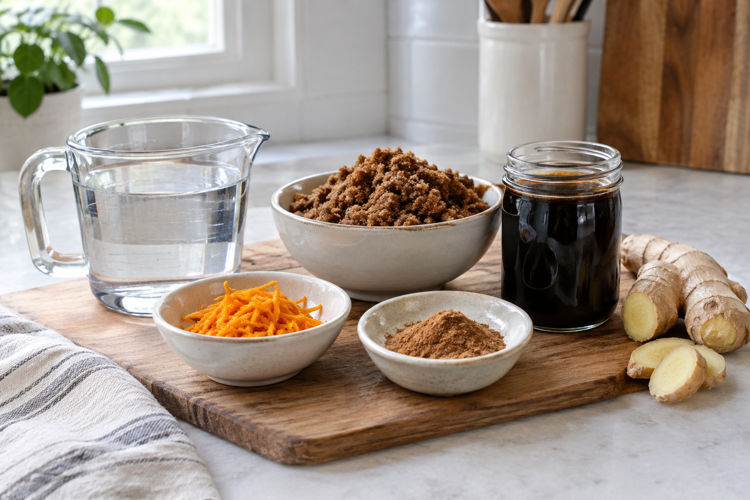 ingredients for gingerbread syrup including fresh ginger chunks, brown sugar, molasses, and spices measured in bowls