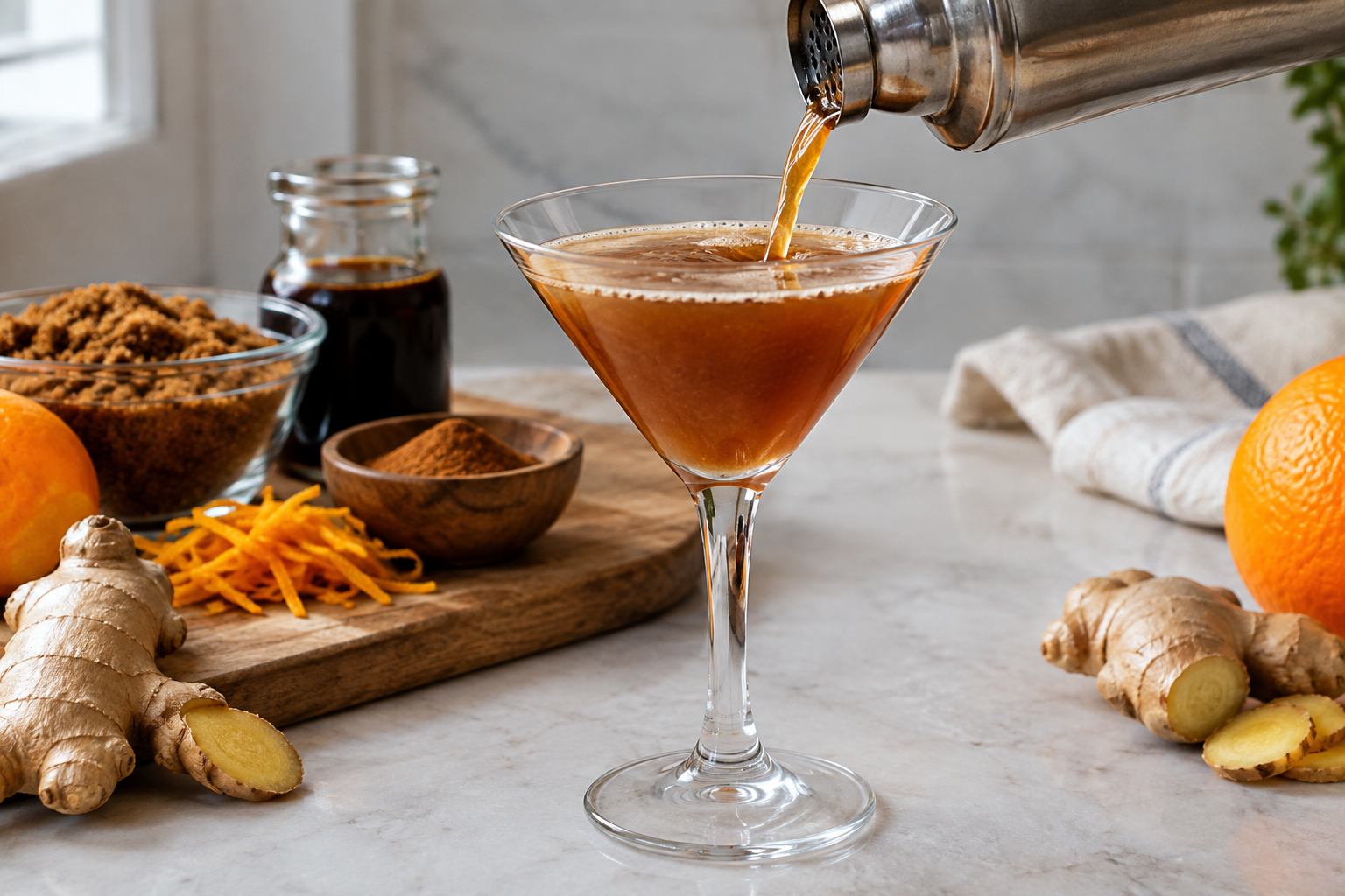 pouring gingerbread martini from shaker into rimmed glass