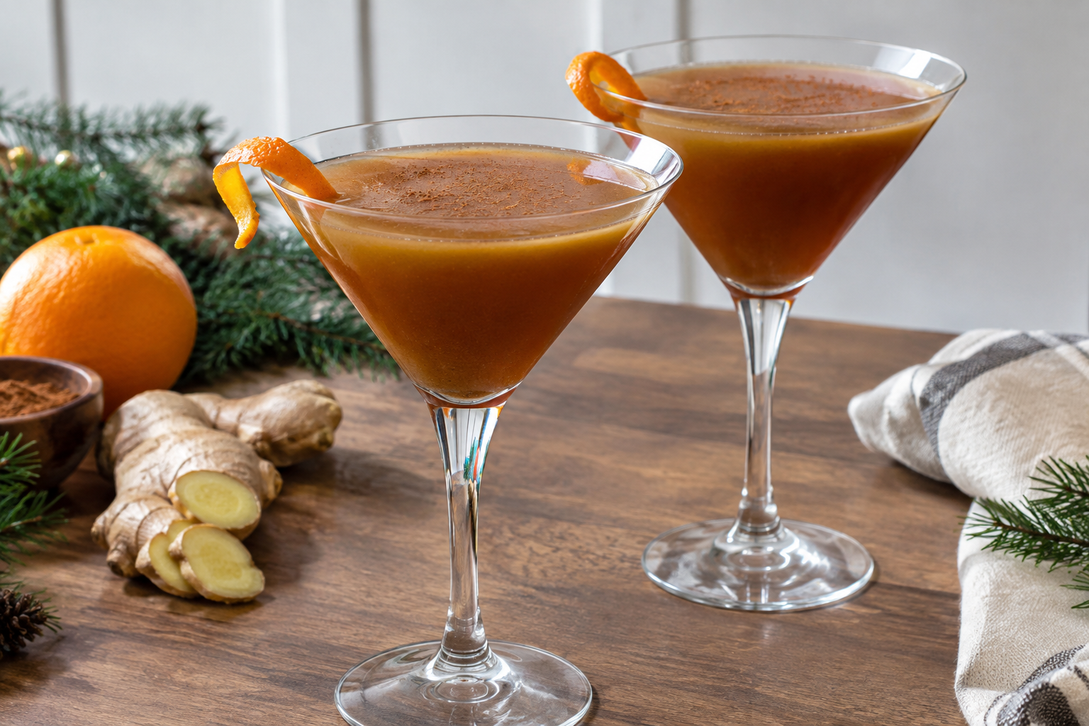 two gingerbread martinis with cookie rims and ginger garnishes on serving tray