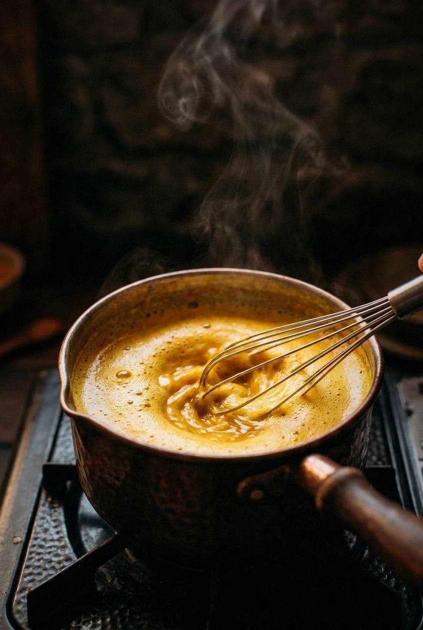 Golden milk turmeric latte in glass mug with honey drizzle and cinnamon stick on wooden board with fresh turmeric root