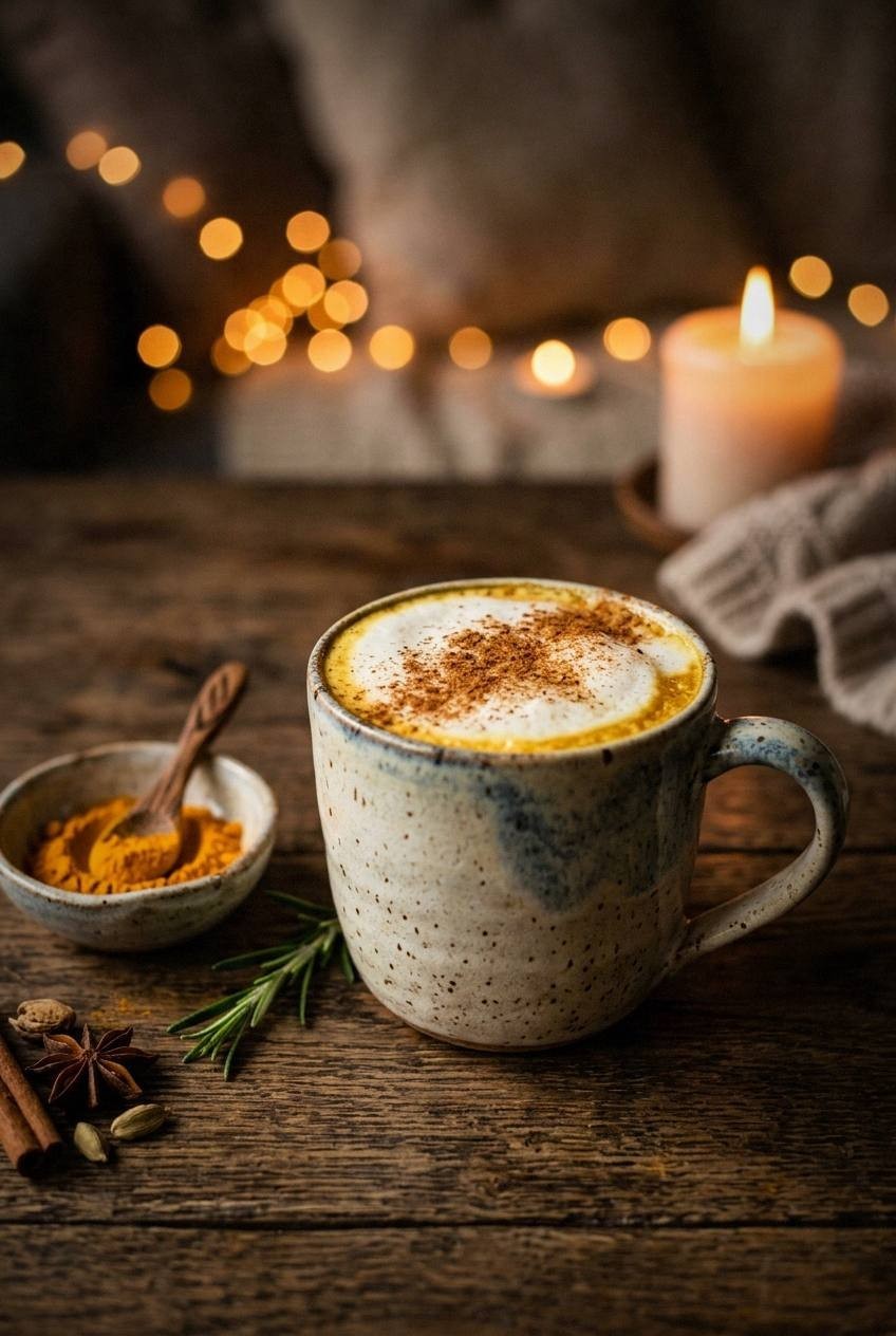 Whisking golden turmeric milk in saucepan with ground spices and honey jar on kitchen counter