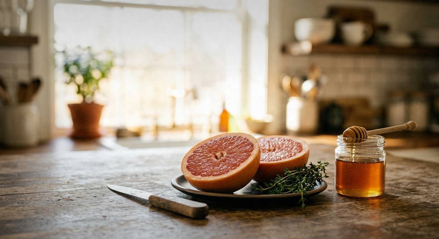 Fresh pink grapefruit slices and sprigs of thyme on a white marble countertop with honey jar and sparkling water bottle for spring mocktail recipe