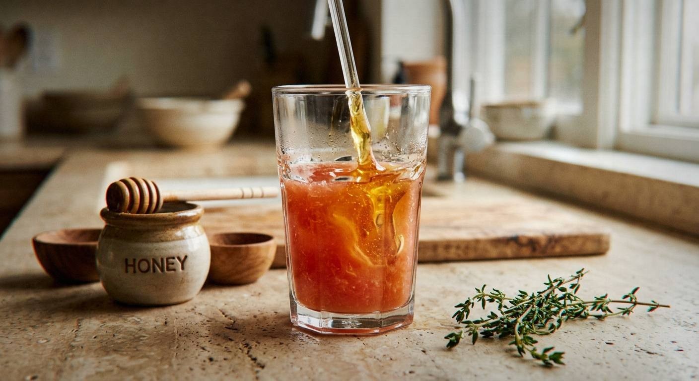 Muddling fresh thyme with honey in glass for grapefruit thyme fizz mocktail recipe showing herbal drink preparation technique