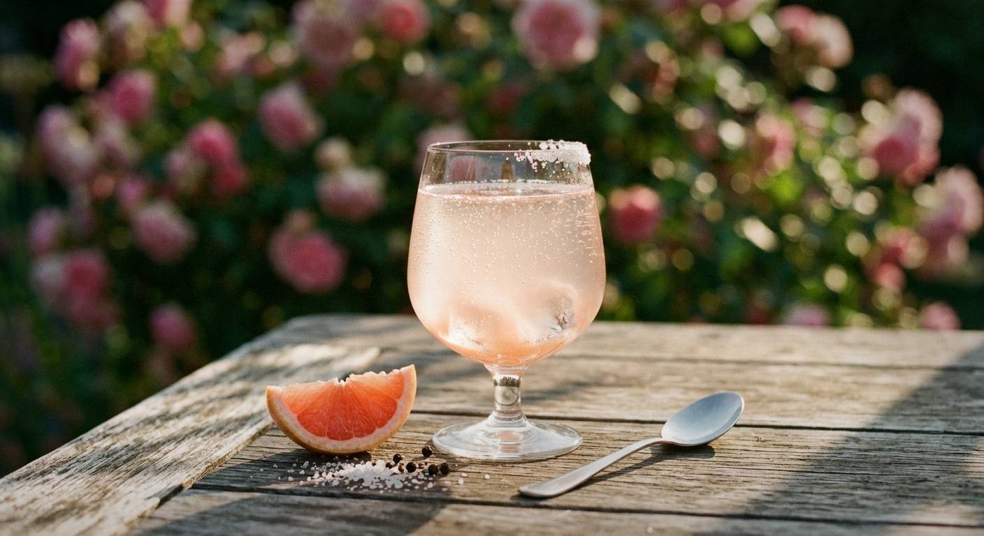 Finished grapefruit thyme honey mocktail in tall glass with ice, fresh thyme garnish and grapefruit slice, sparkling bubbles rising through pink citrus drink