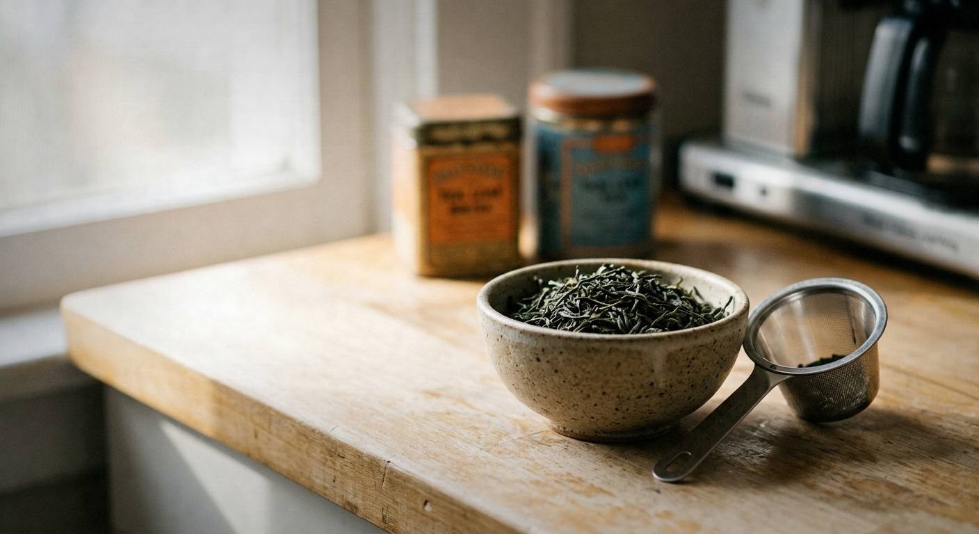 Fresh green tea leaves steeping in clear glass teapot with lemon slices and mint sprigs arranged on white marble surface