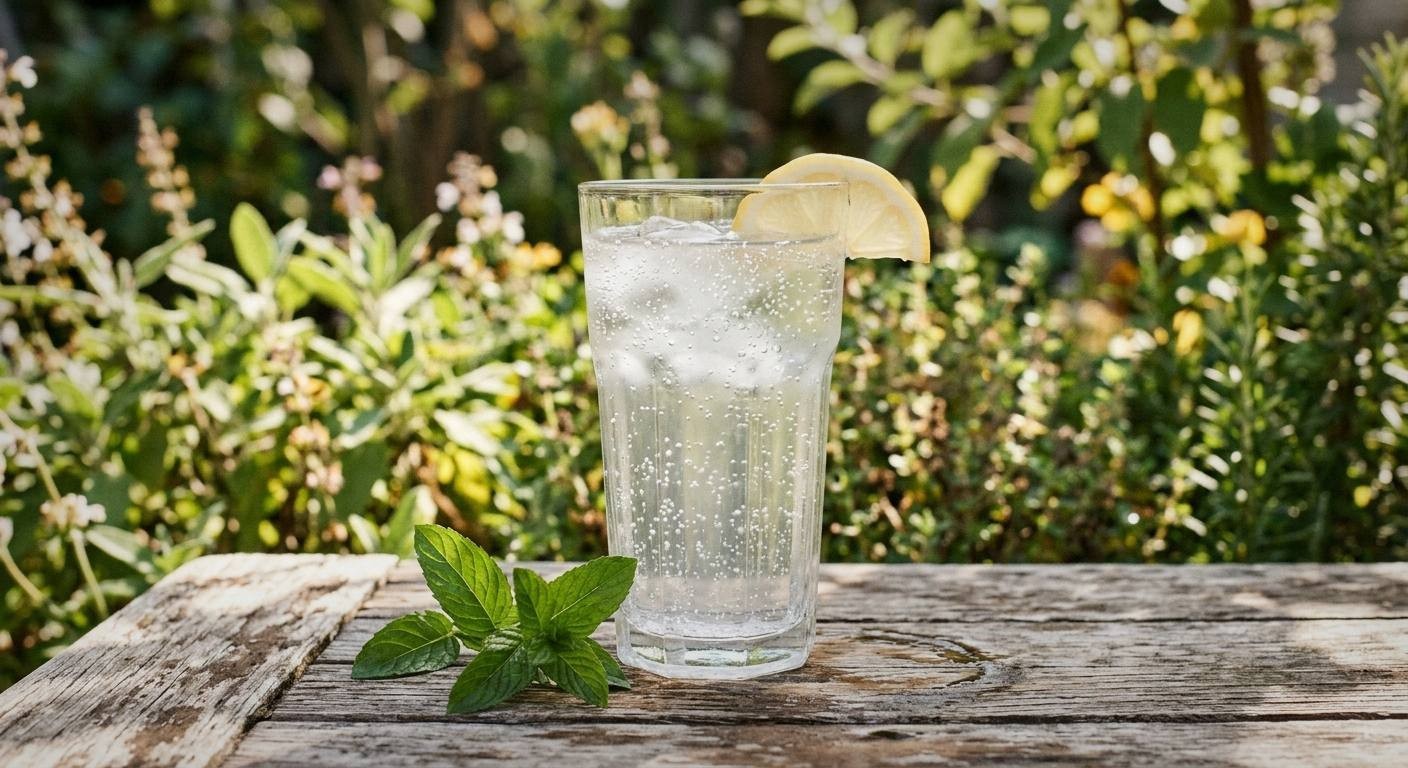Two tall glasses filled with iced green tea wellness tonic garnished with cucumber ribbons and mint sprigs on wooden tray with fresh lemons