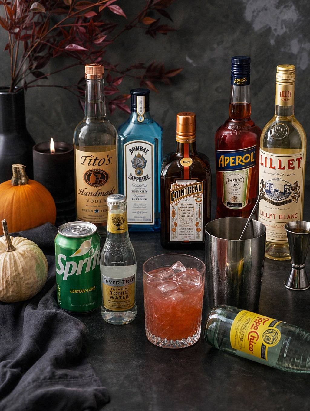 measured ingredients for blackberry shimmery liqueur including vodka, blackberries, simple syrup, and purple luster dust