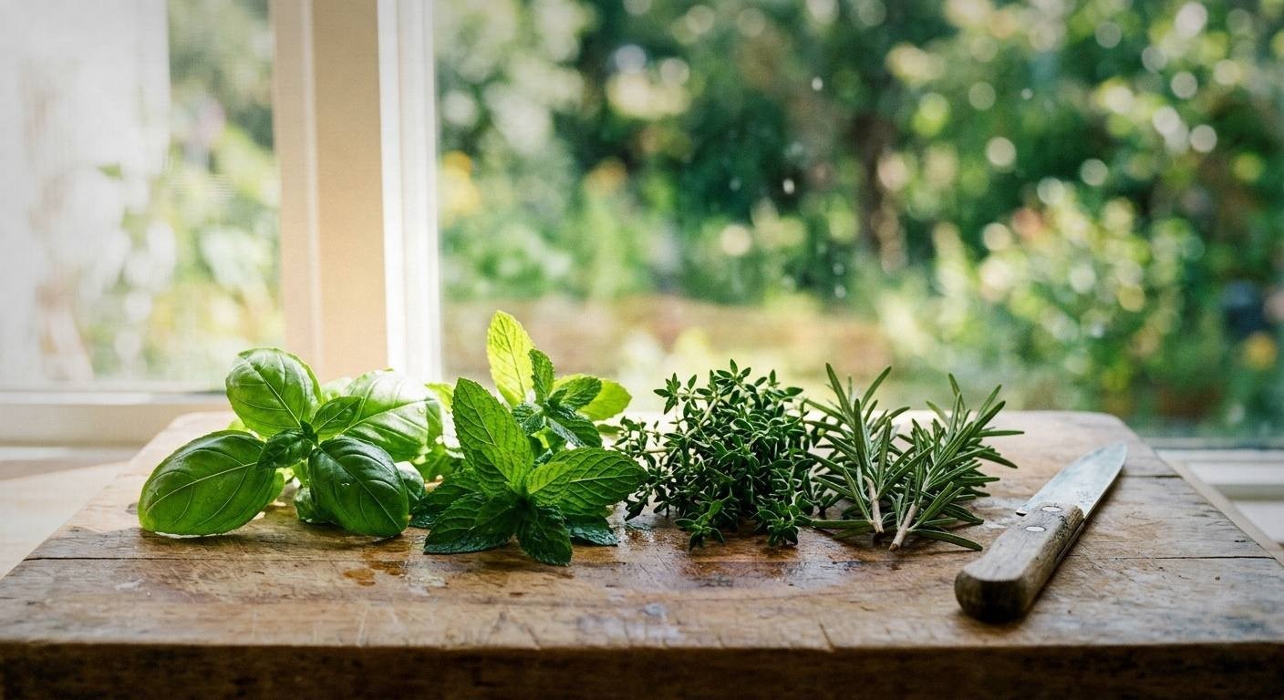 Bright garden scene with eight herb cocktails in various glasses arranged on a light oak table with fresh herb sprigs beside each glass