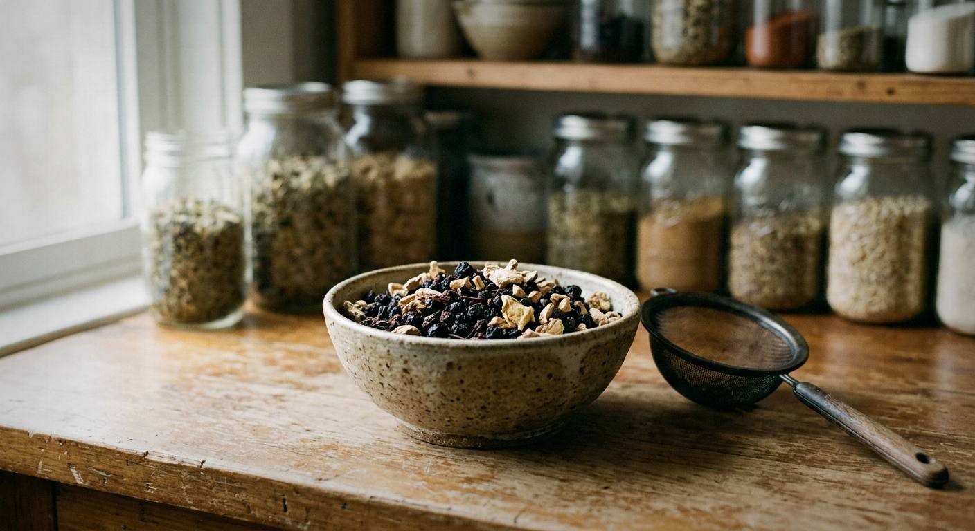 Dried elderberries, fresh ginger root, echinacea, thyme sprigs, and lemon balm arranged on wooden cutting board for herbal tea recipe for cold and flu