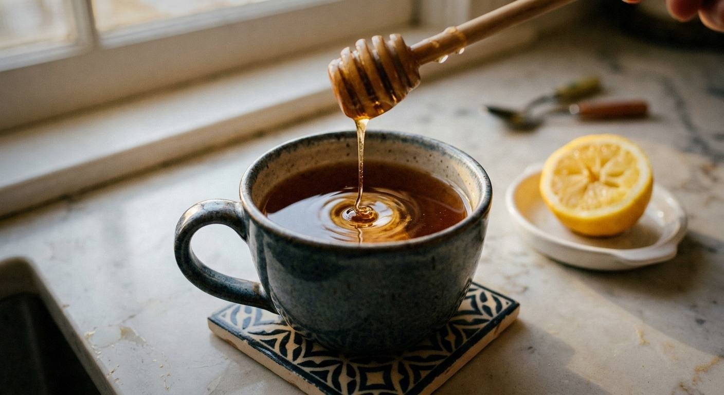 Simmering pot of elderberry ginger herbal tea for cold and cough with steam rising, dark purple liquid, natural cold remedy tea brewing on stovetop