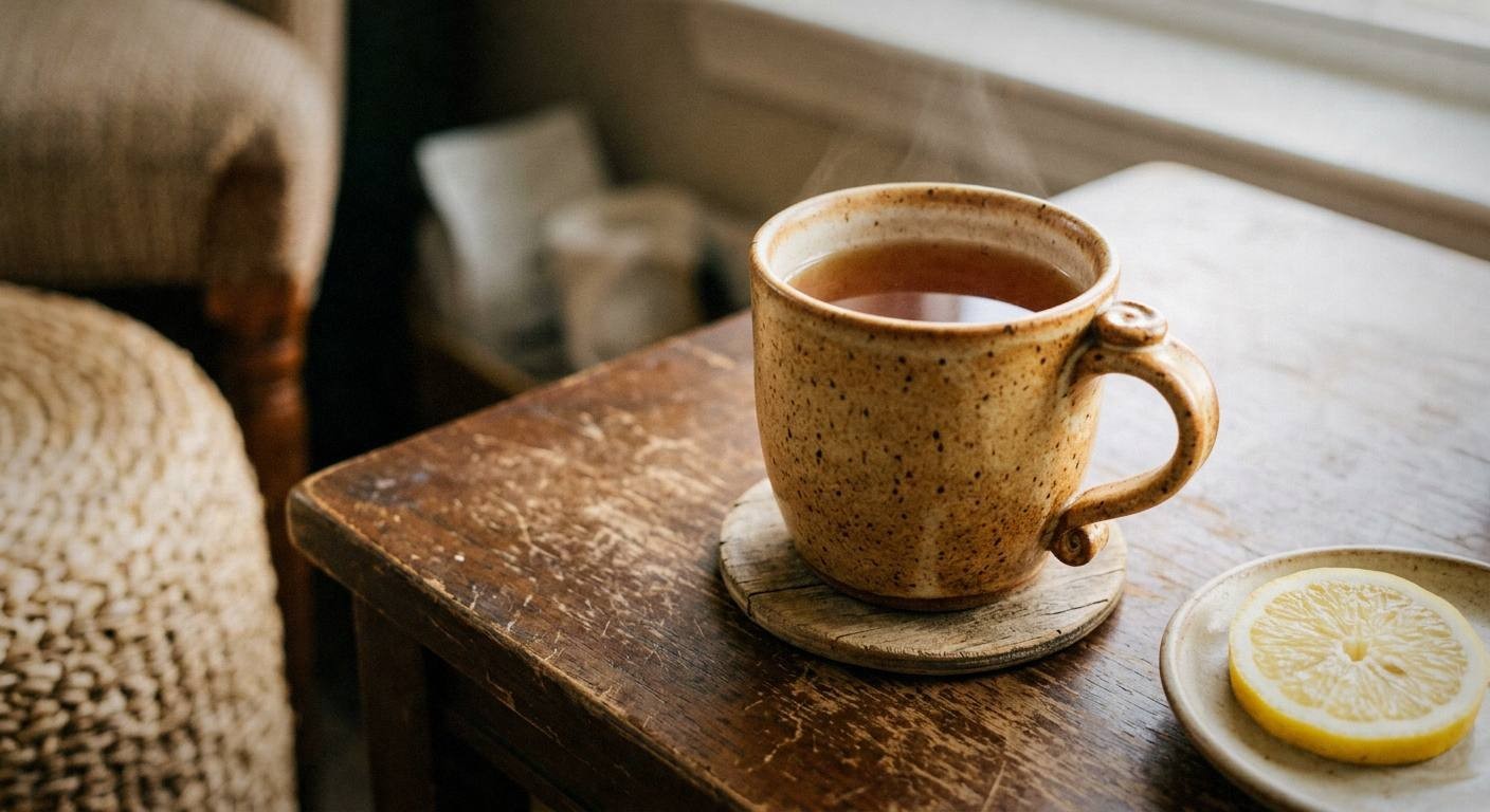 Steaming mug of finished herbal tea recipe for cold and flu with honey swirl, lemon slice, cinnamon stick, immune support healing tea on cozy blanket