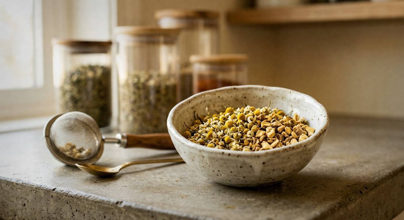 Fresh ginger root, chamomile flowers, cinnamon sticks, and peppermint leaves arranged on a wooden cutting board for herbal tea recipe for menstrual cramps