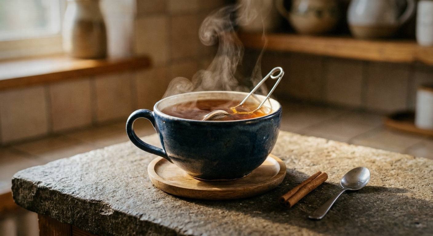 Steaming saucepan with ginger slices and cinnamon stick simmering in water for menstrual pain relief tea