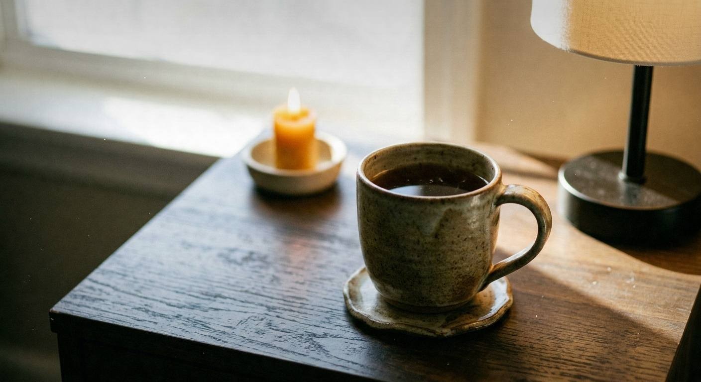 Mug of golden herbal tea for menstrual cramps with lemon slice and honey, steam rising, on cozy blanket
