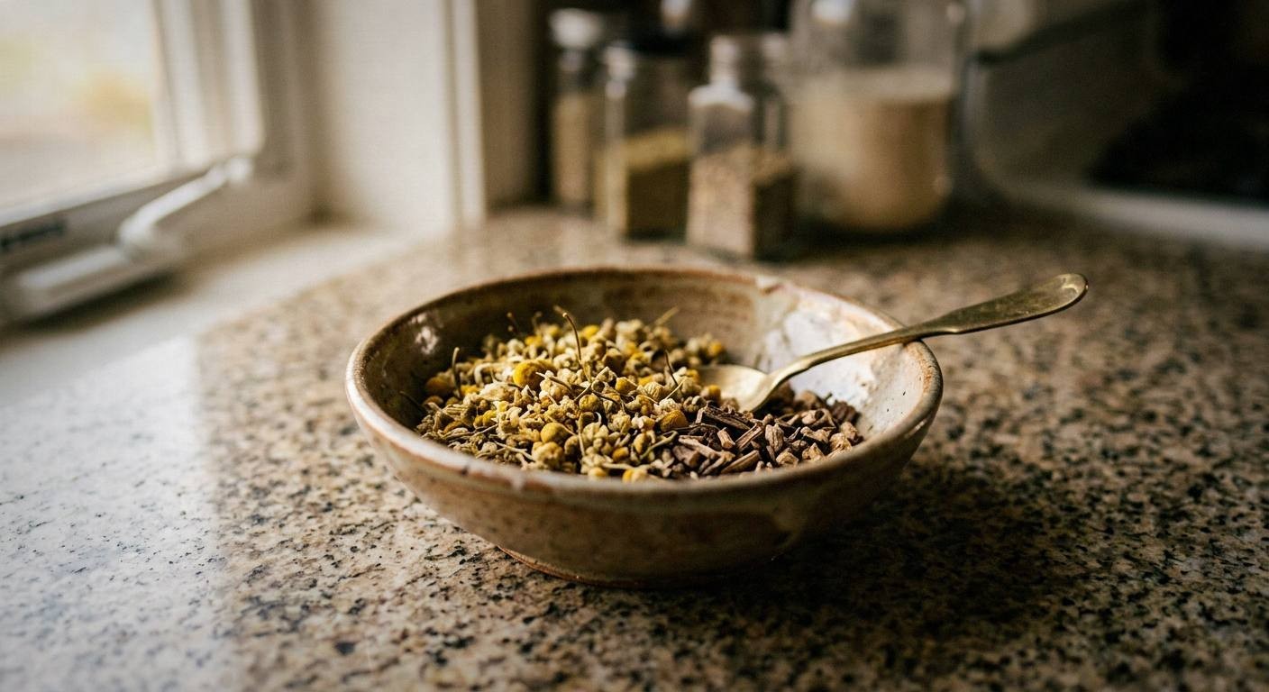 Herbal tea recipe for sleep ingredients including dried chamomile flowers, lavender buds, and valerian root on a wooden board with measuring spoons