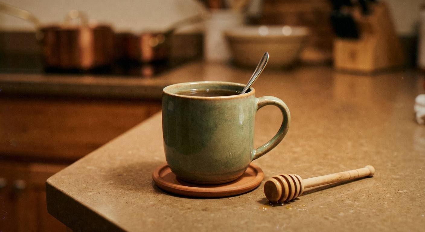 Steeping calming tea blend in a glass teapot with chamomile, lavender, and valerian root, golden amber color visible through glass