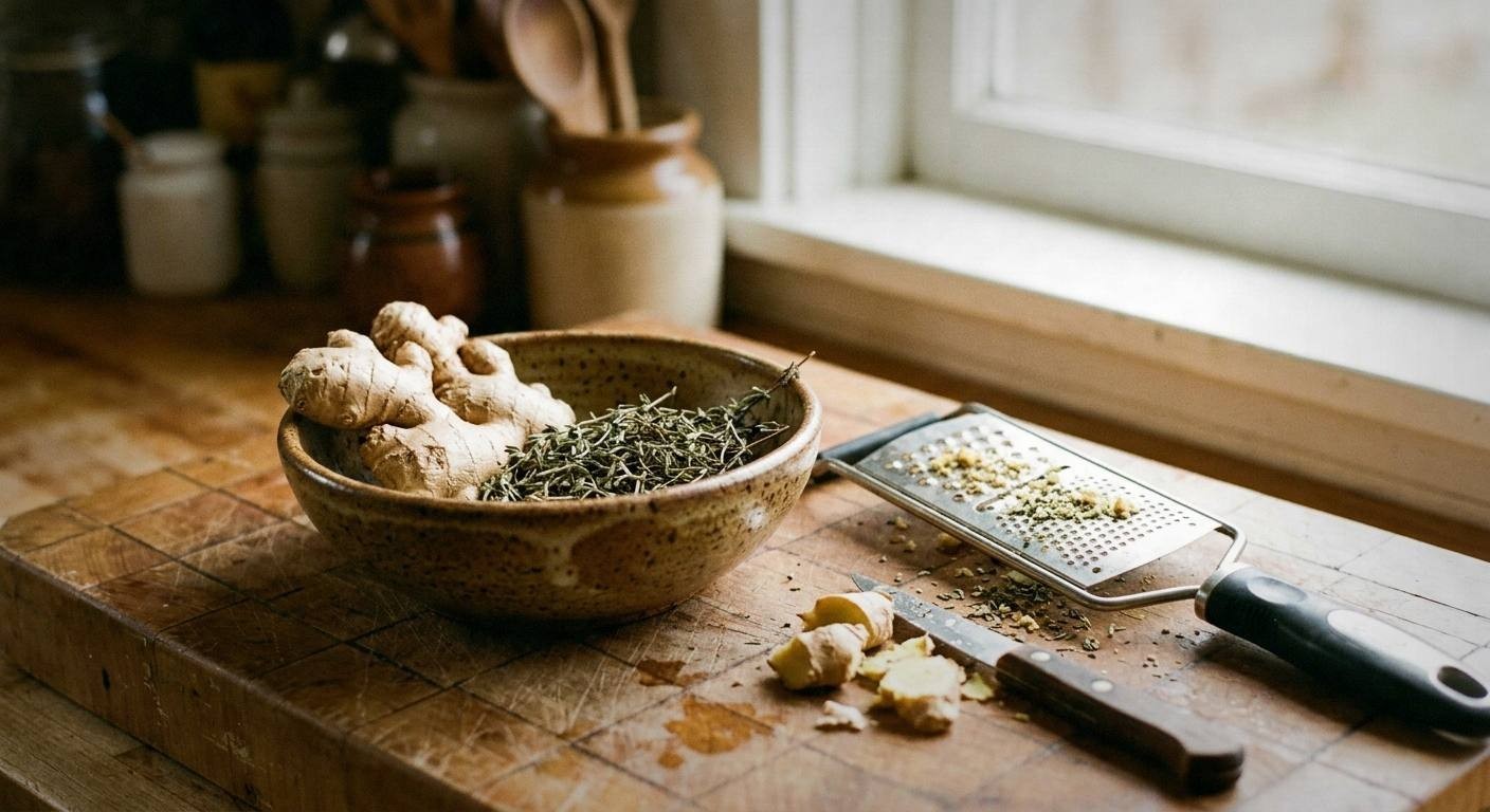Fresh ginger root sliced next to bundles of thyme and sage herbs with lemon and honey jar for herbal tea recipe for sore throat