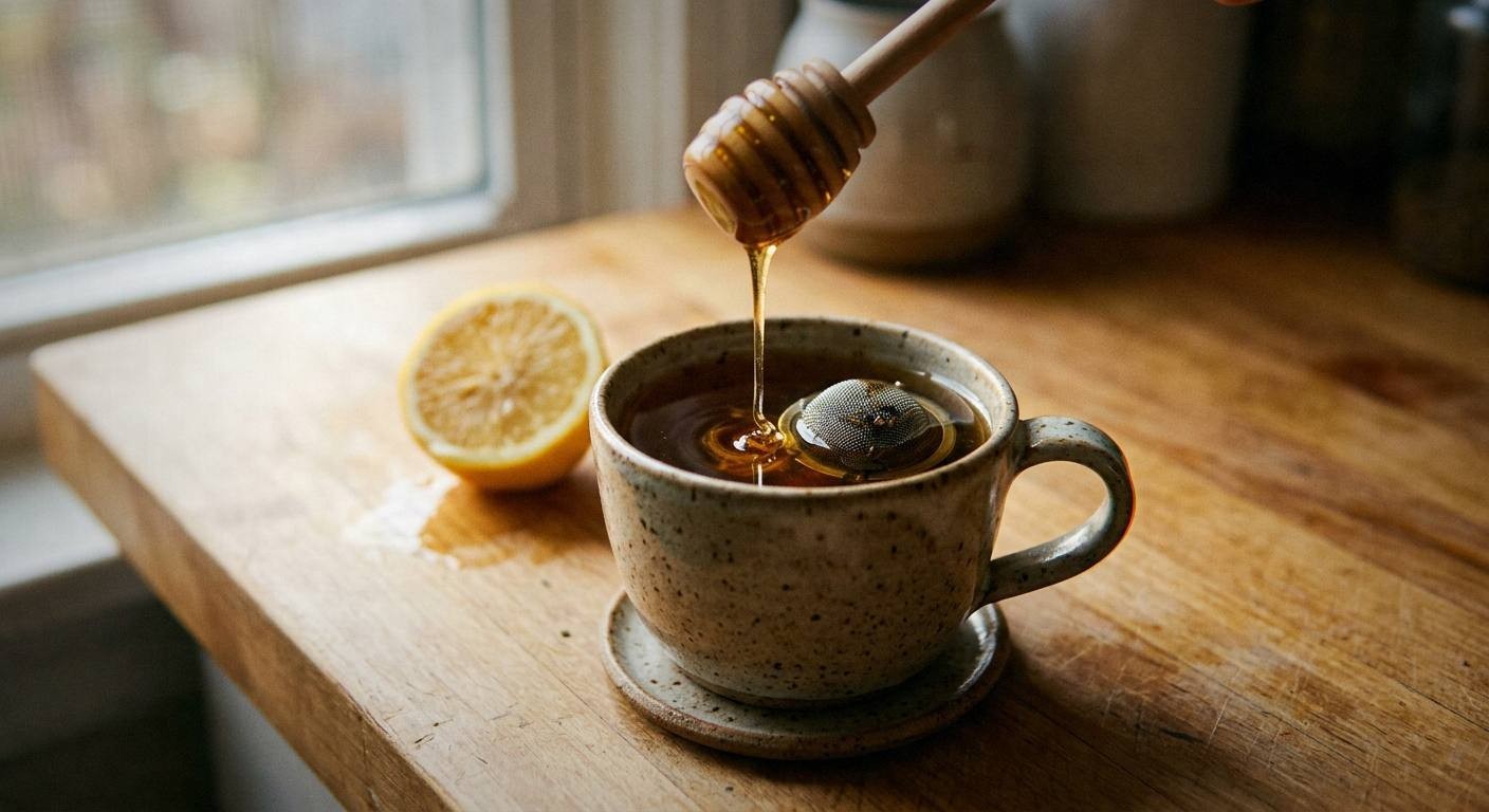 Steeping herbal tea for sore throat with ginger thyme and sage in glass teapot showing golden amber color