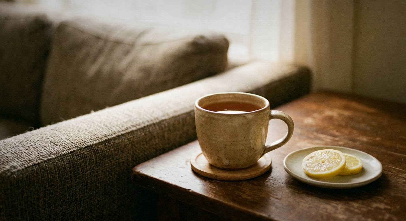 Finished herbal tea recipe for sore throat in ceramic mug with honey drizzle and lemon slice garnish steam rising