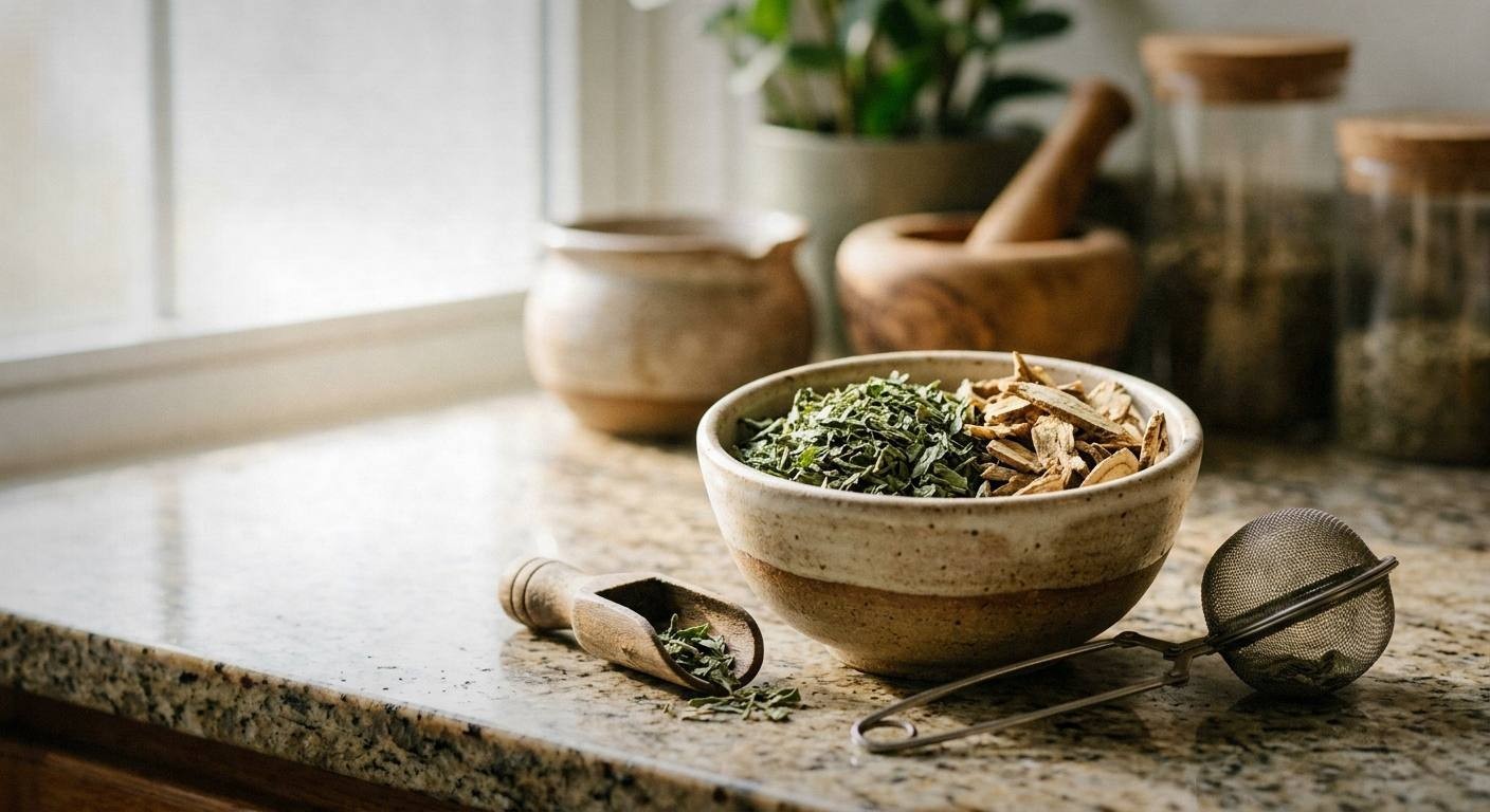 Energizing herbal tea blend with dried ginseng root, peppermint leaves, ginger slices, and licorice root arranged on wooden surface