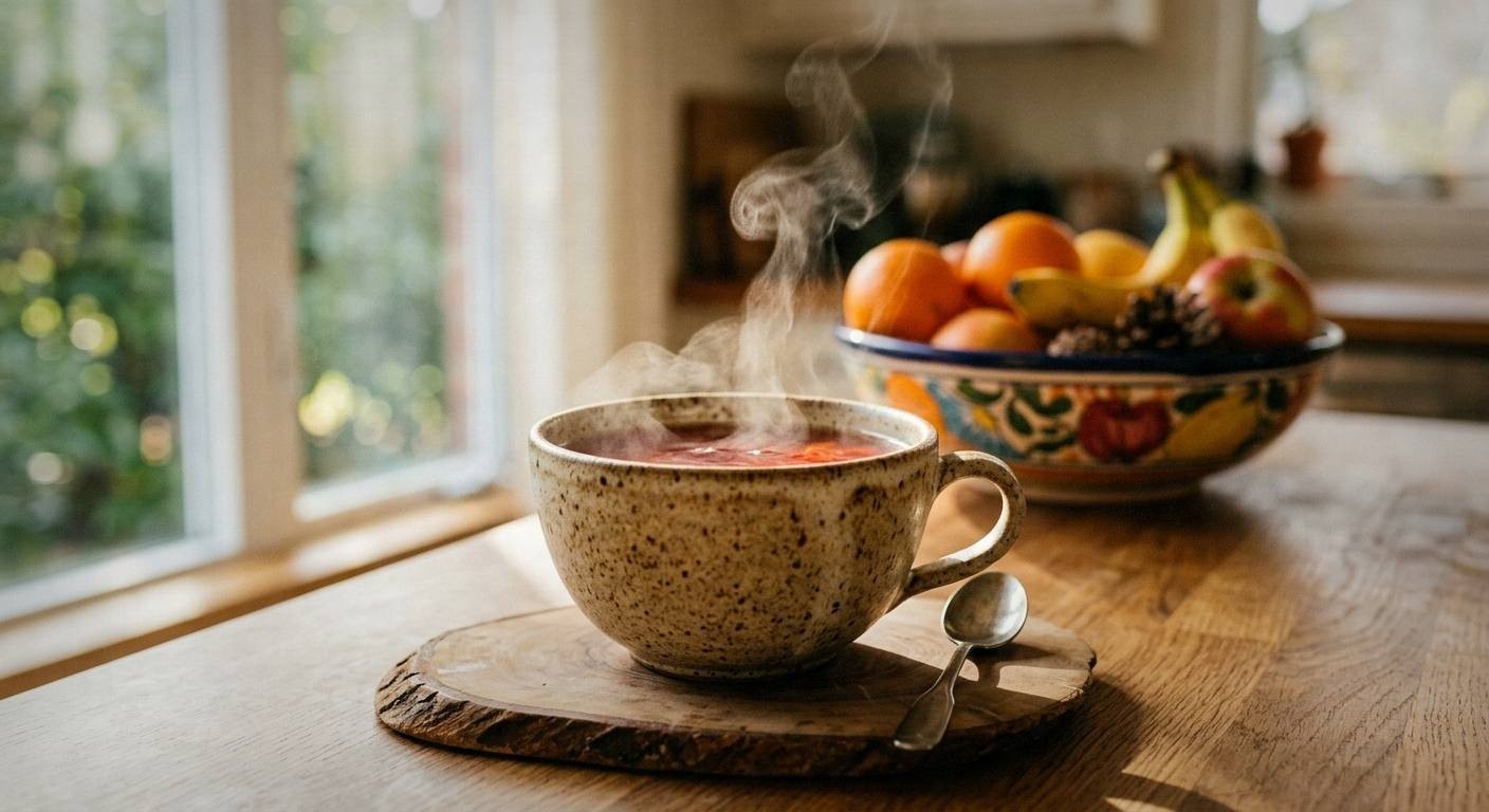 Steeping herbal tea for energy in glass teapot showing ginseng root and peppermint leaves infusing in hot water