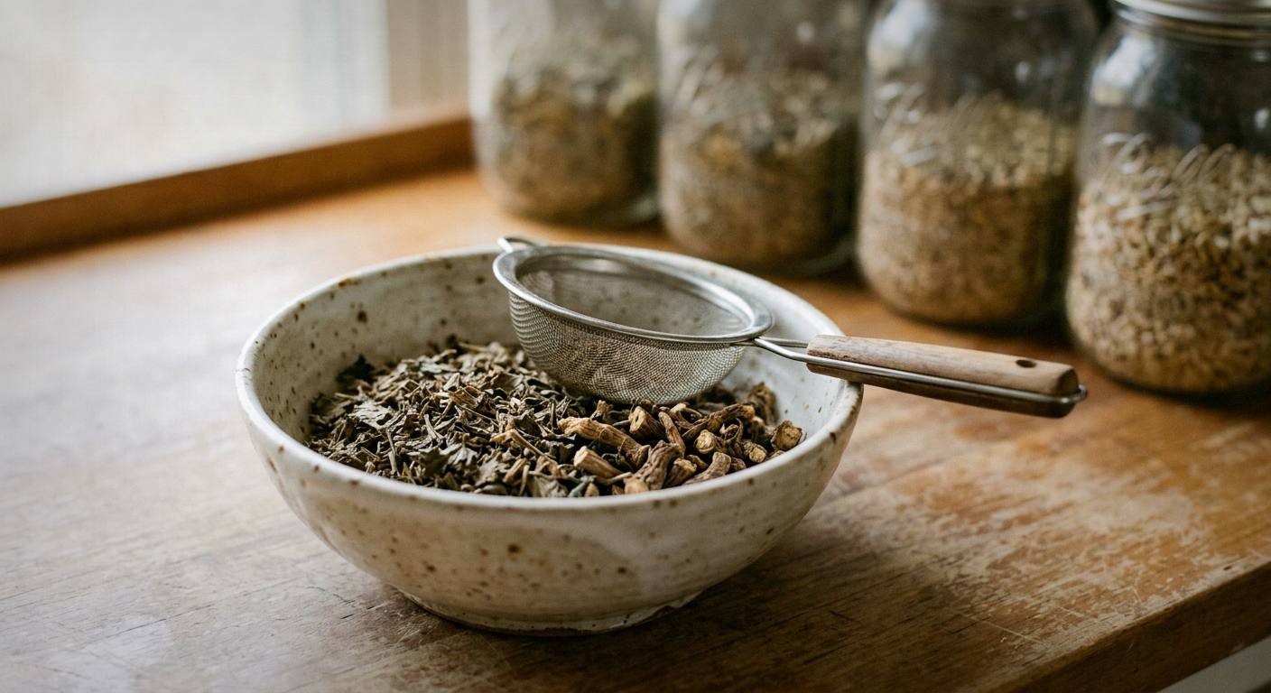 Dried nettle leaves, dandelion root, spearmint, rose petals and calendula flowers arranged in small bowls for herbal tea recipe for glowing skin