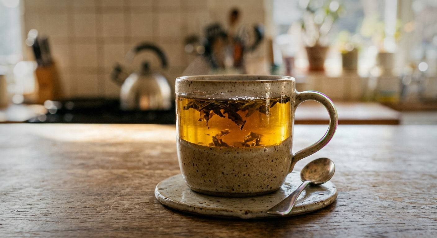 Steeping herbal tea for clear skin in glass teapot showing nettle dandelion and mint blend