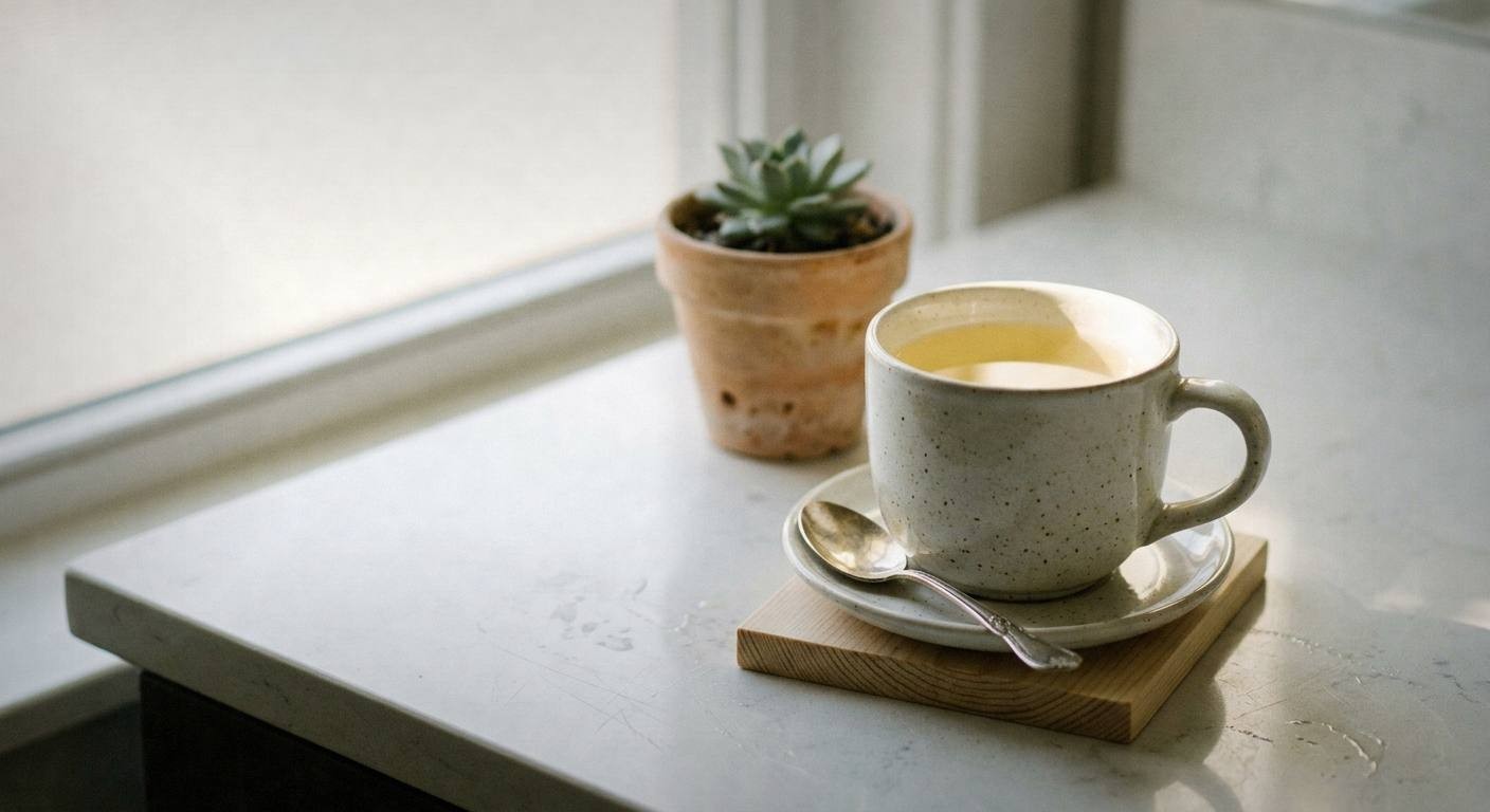 Cup of clear skin tea blend with fresh mint garnish and lemon slice on natural linen