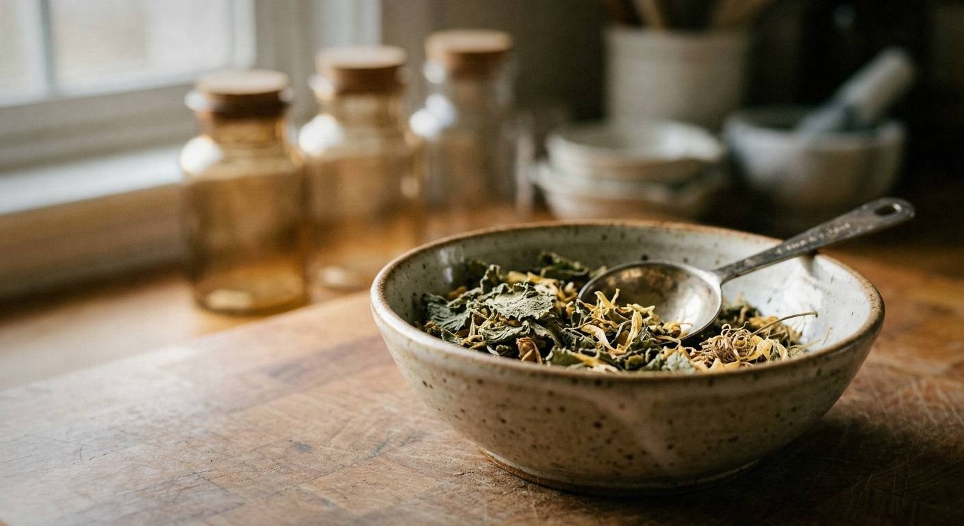 Dried lemon balm, passionflower, skullcap, and milky oat tops arranged in small bowls with amber glass dropper bottles for homemade anxiety tincture recipe