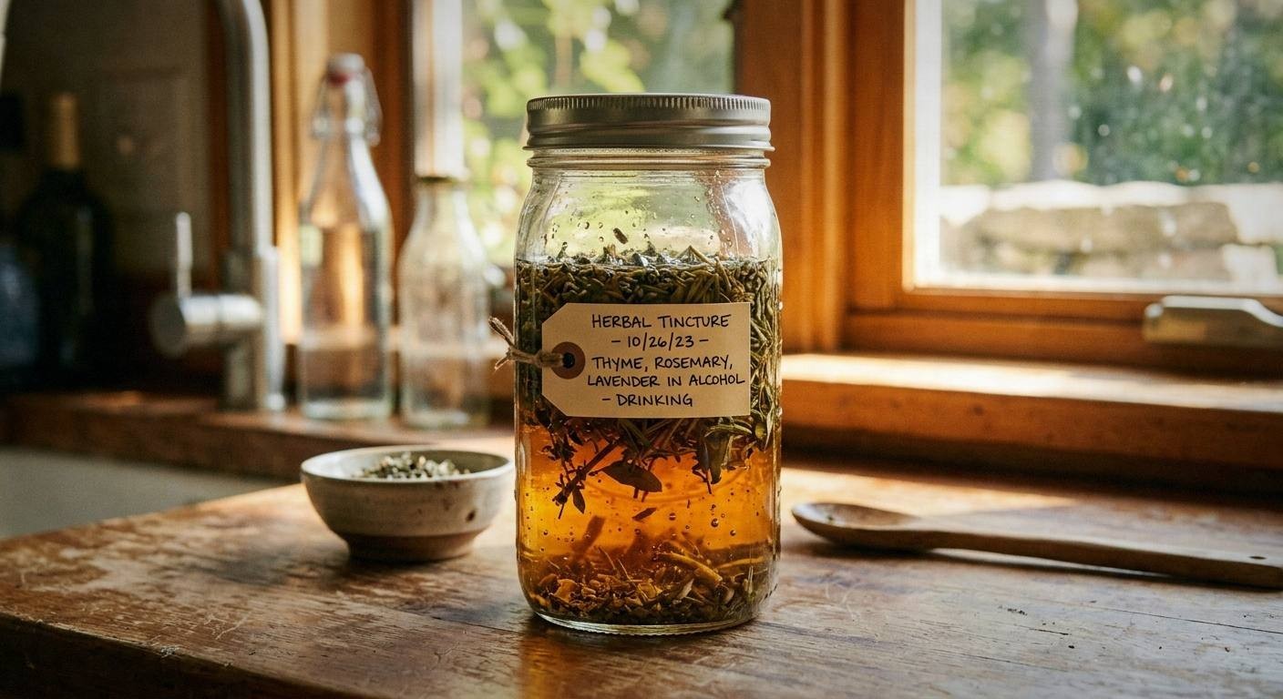 Glass jar filled with nervine herbs and vodka for herbal anxiety tincture, showing the maceration process for calming botanical medicine