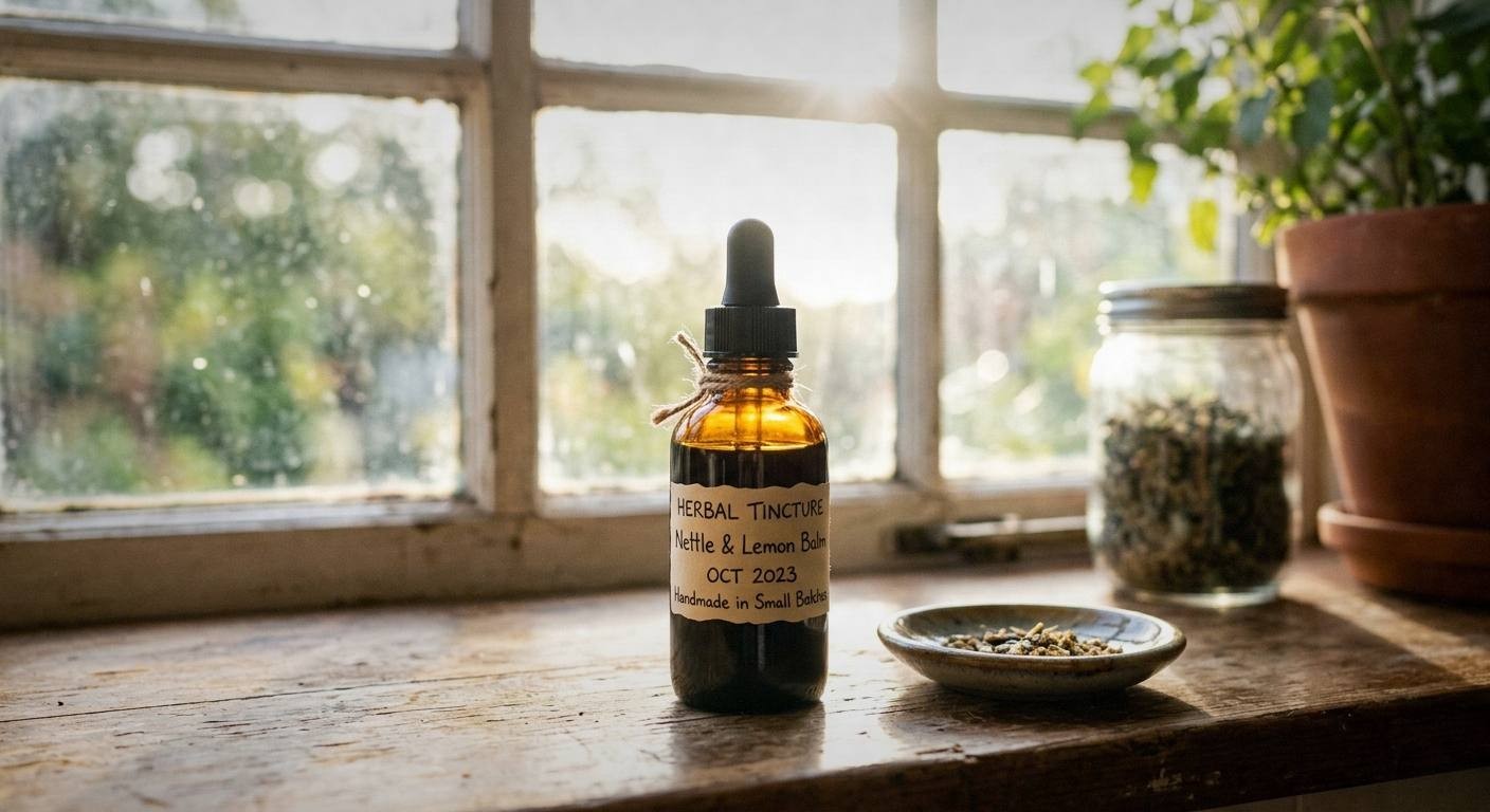 Finished homemade anxiety relief tincture in amber dropper bottle next to fresh lemon balm and passionflower, showing the deep amber color of nervine herbal medicine