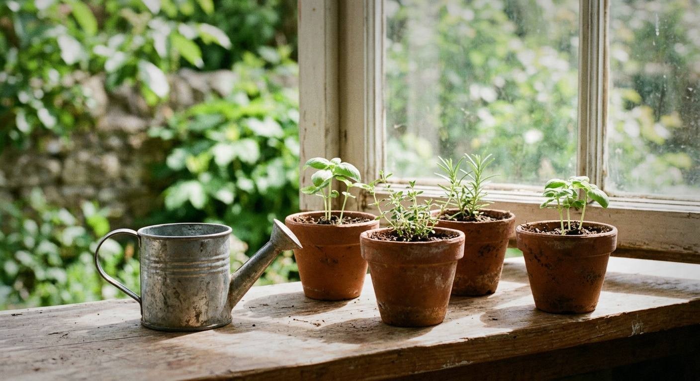 spring herb garden with young peppermint spearmint lemon balm and chamomile plants in raised bed with morning sunlight and watering can
