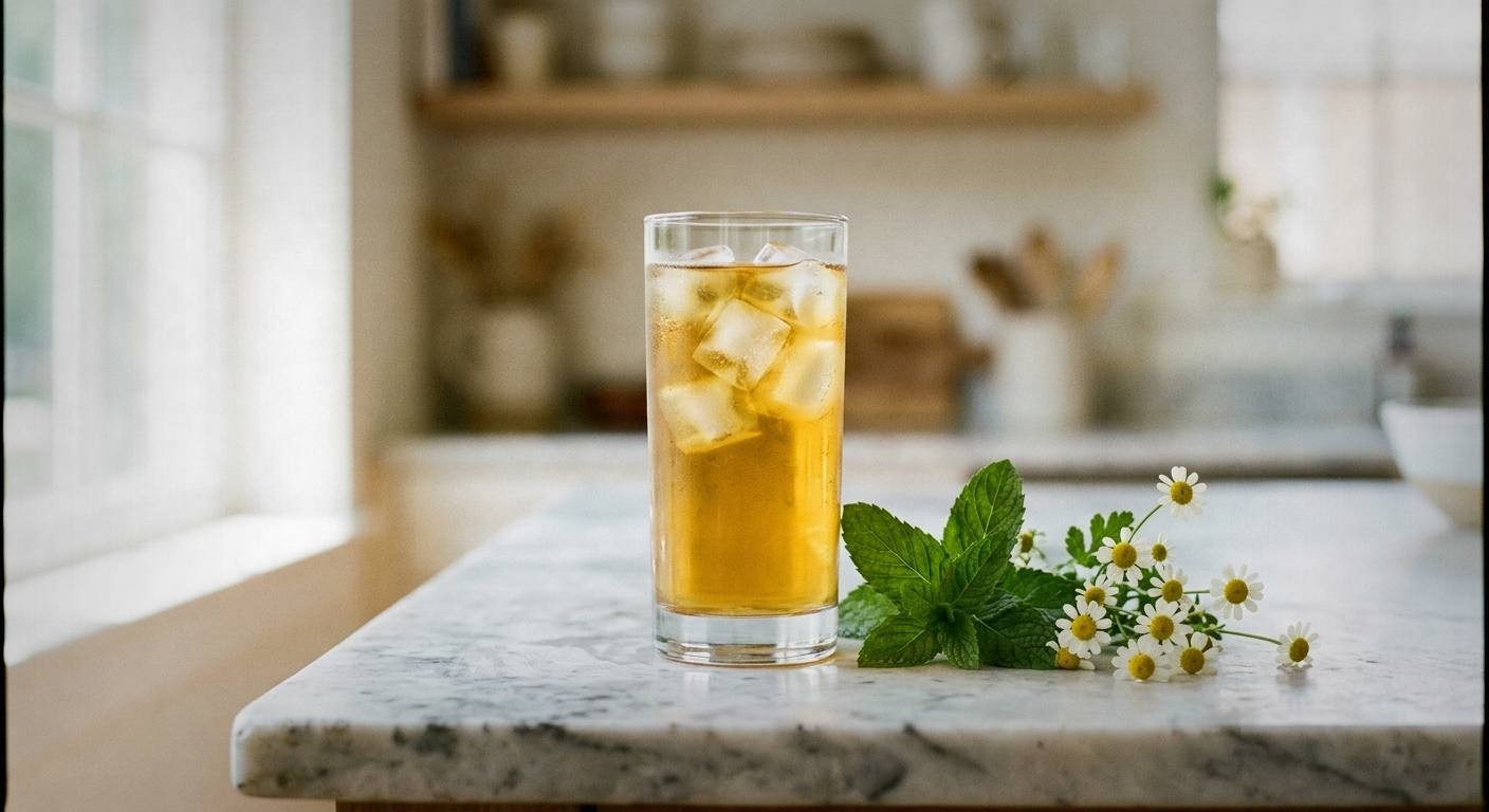 glass pitcher of iced herbal tea with fresh mint lemon balm and chamomile flowers floating in water with condensation on glass and garden in background