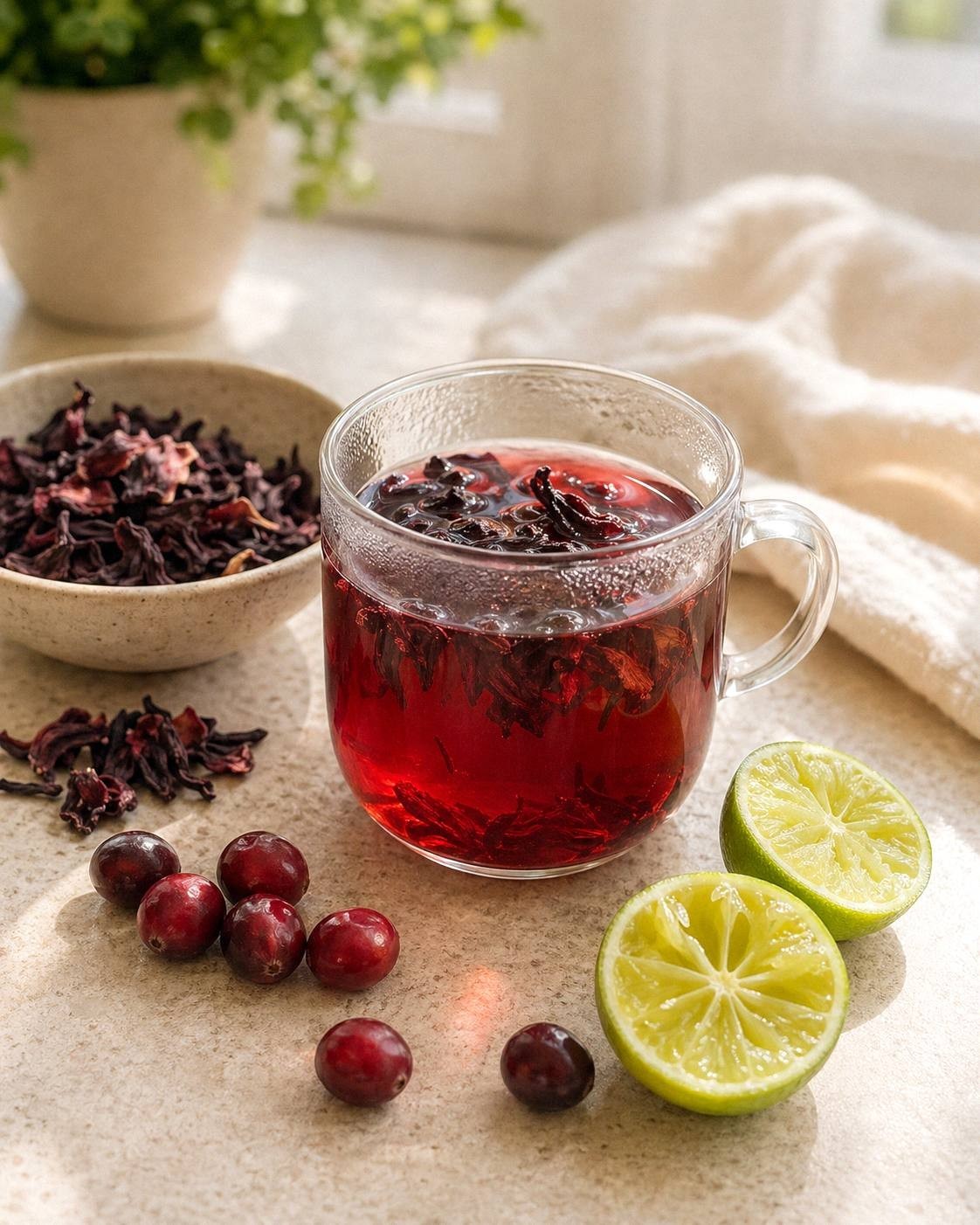 Dried hibiscus steeping for a cranberry cosmopolitan mocktail on a bright kitchen counter
